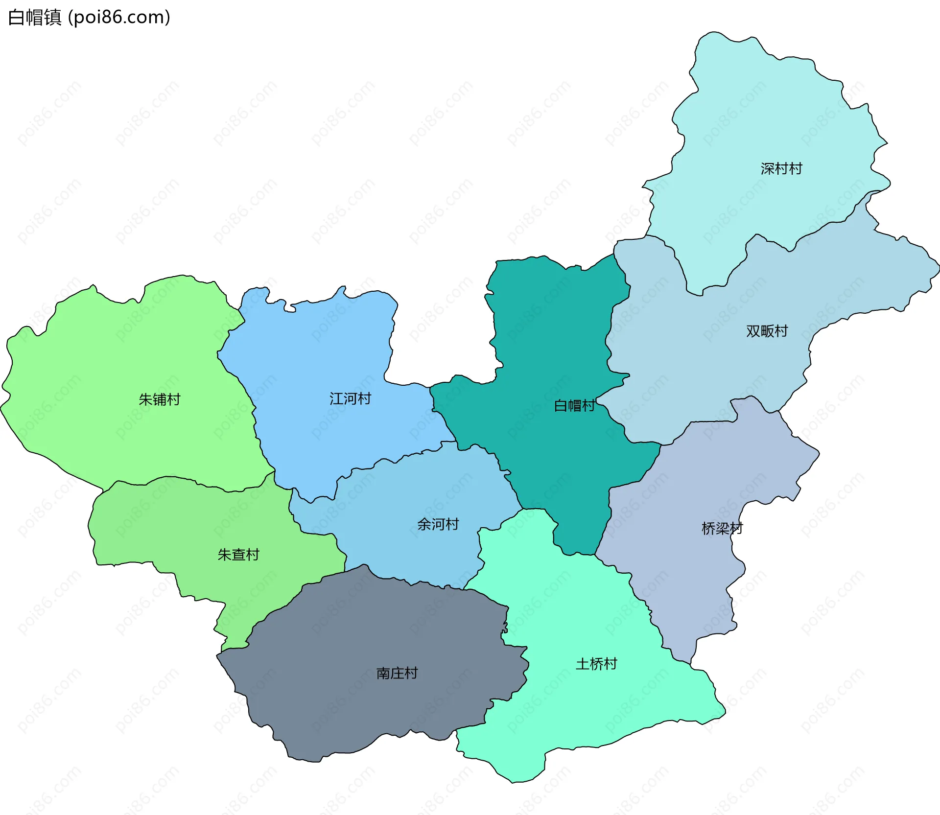 白帽镇边界地图(五级行政区划)