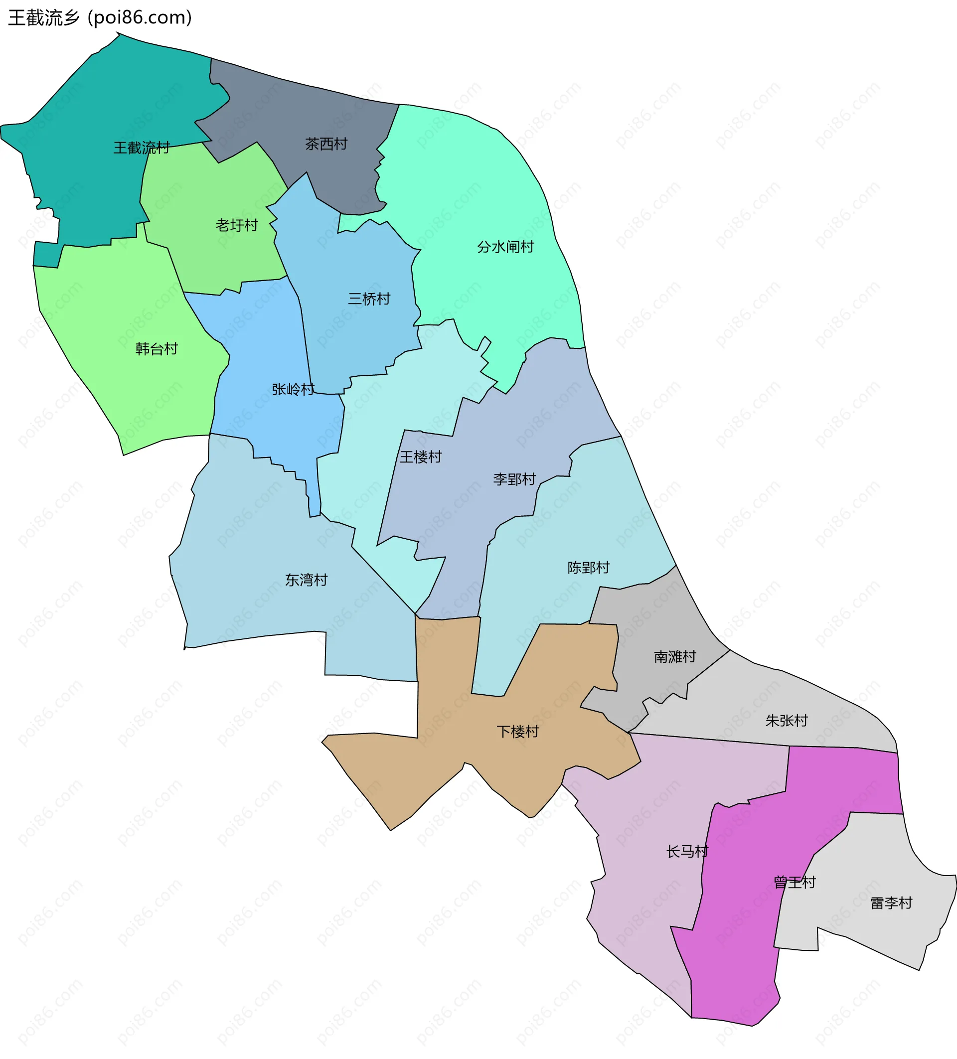 王截流乡边界地图(五级行政区划)