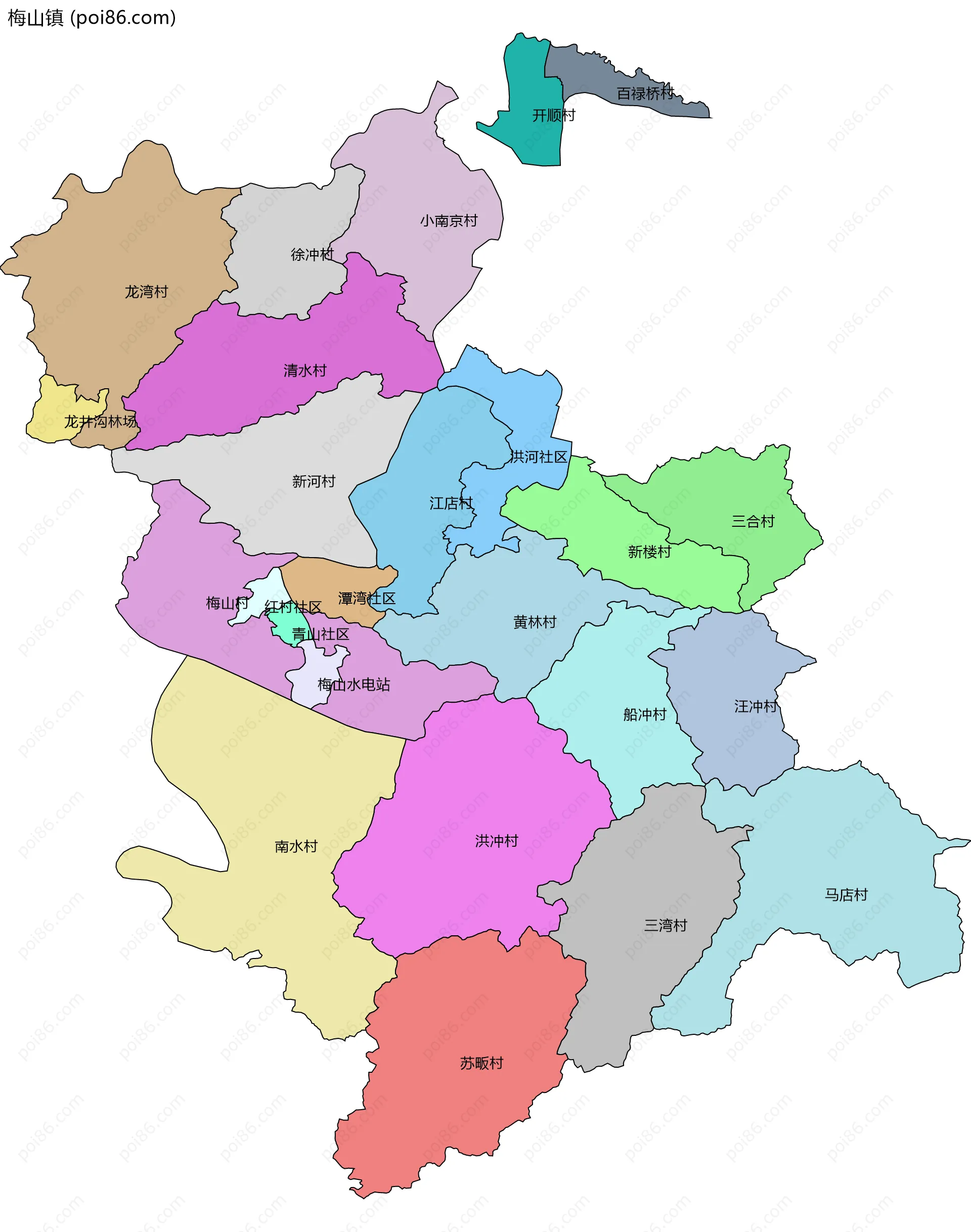 梅山镇边界地图(五级行政区划)