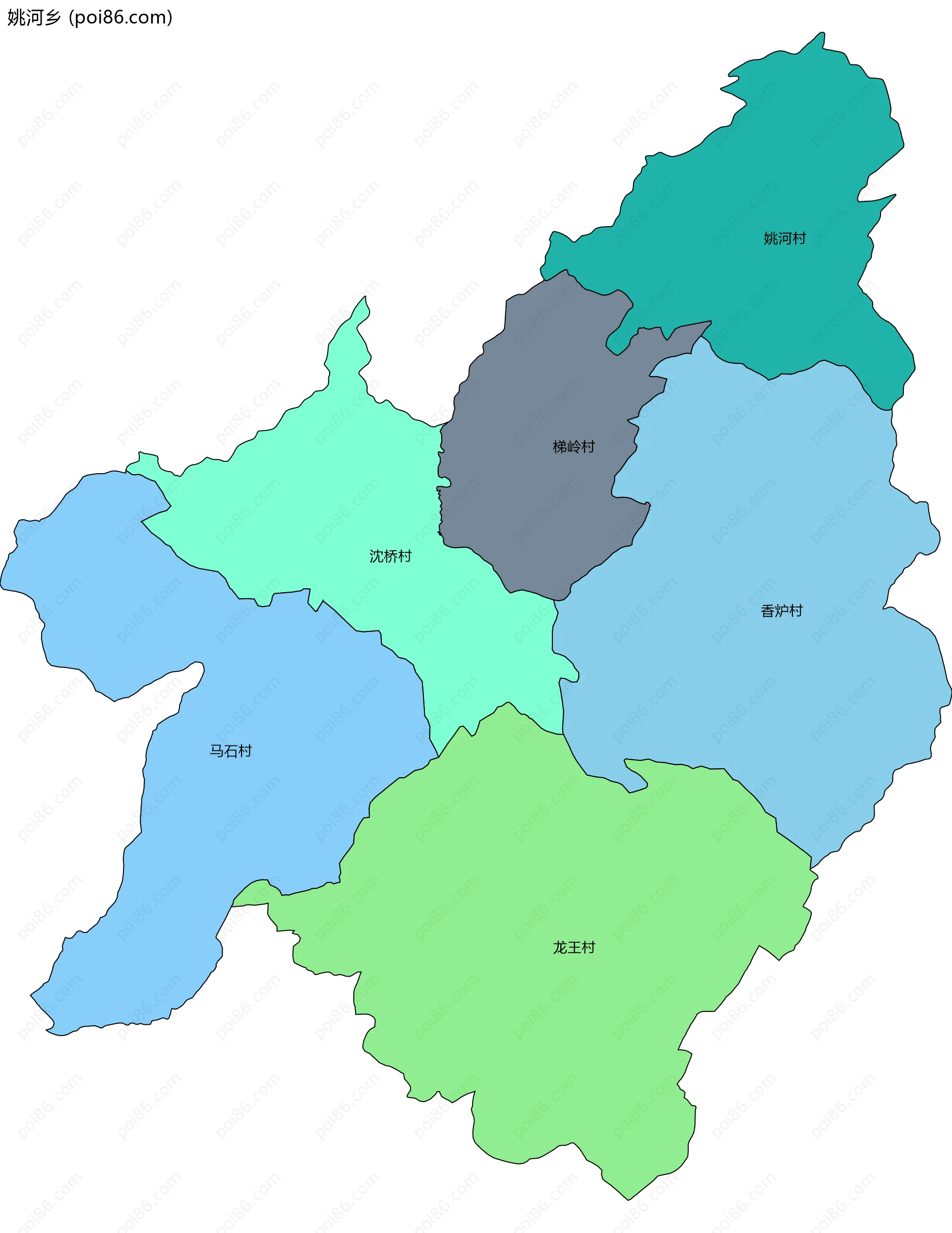 姚河乡边界地图(五级行政区划)