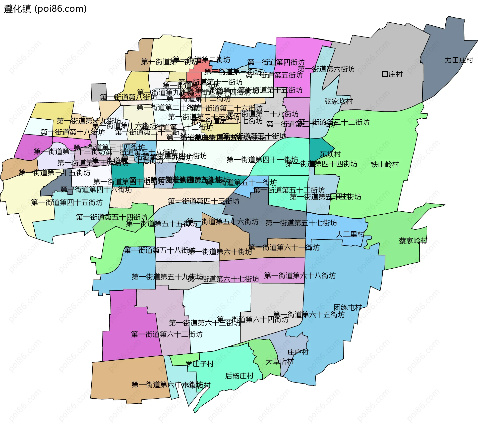 遵化镇边界地图(五级行政区划)
