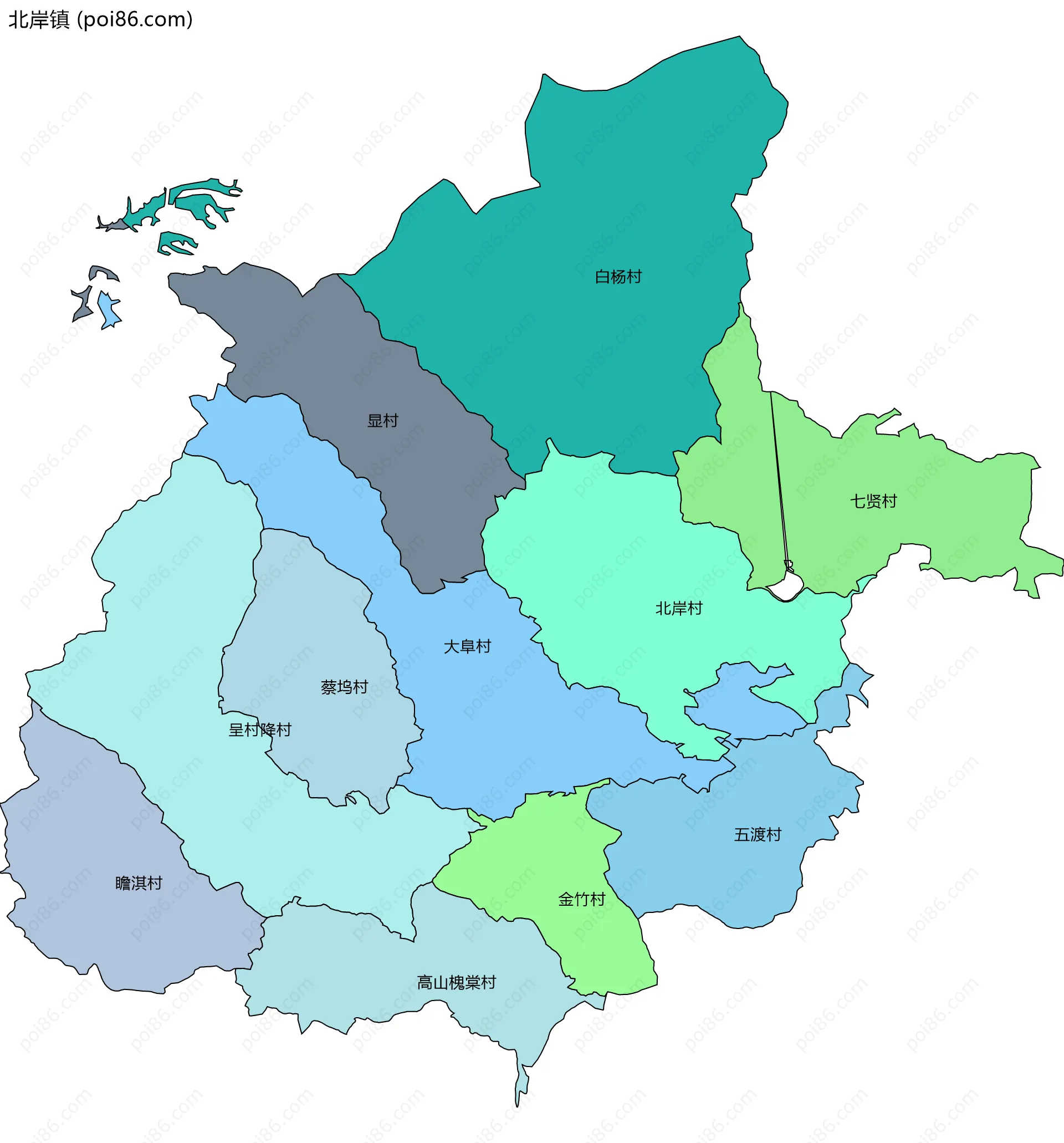 北岸镇边界地图(五级行政区划)