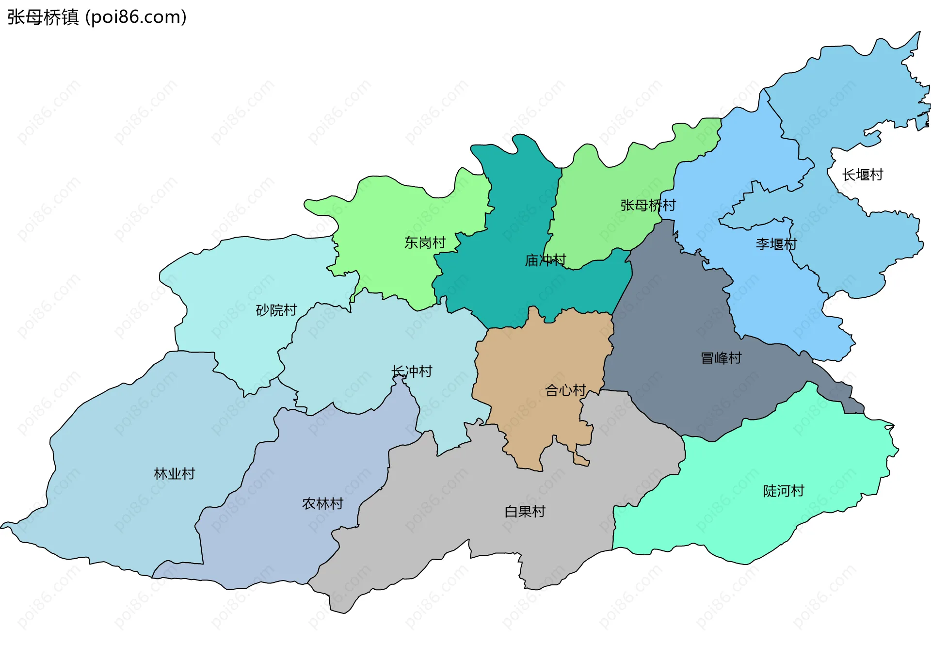张母桥镇边界地图(五级行政区划)