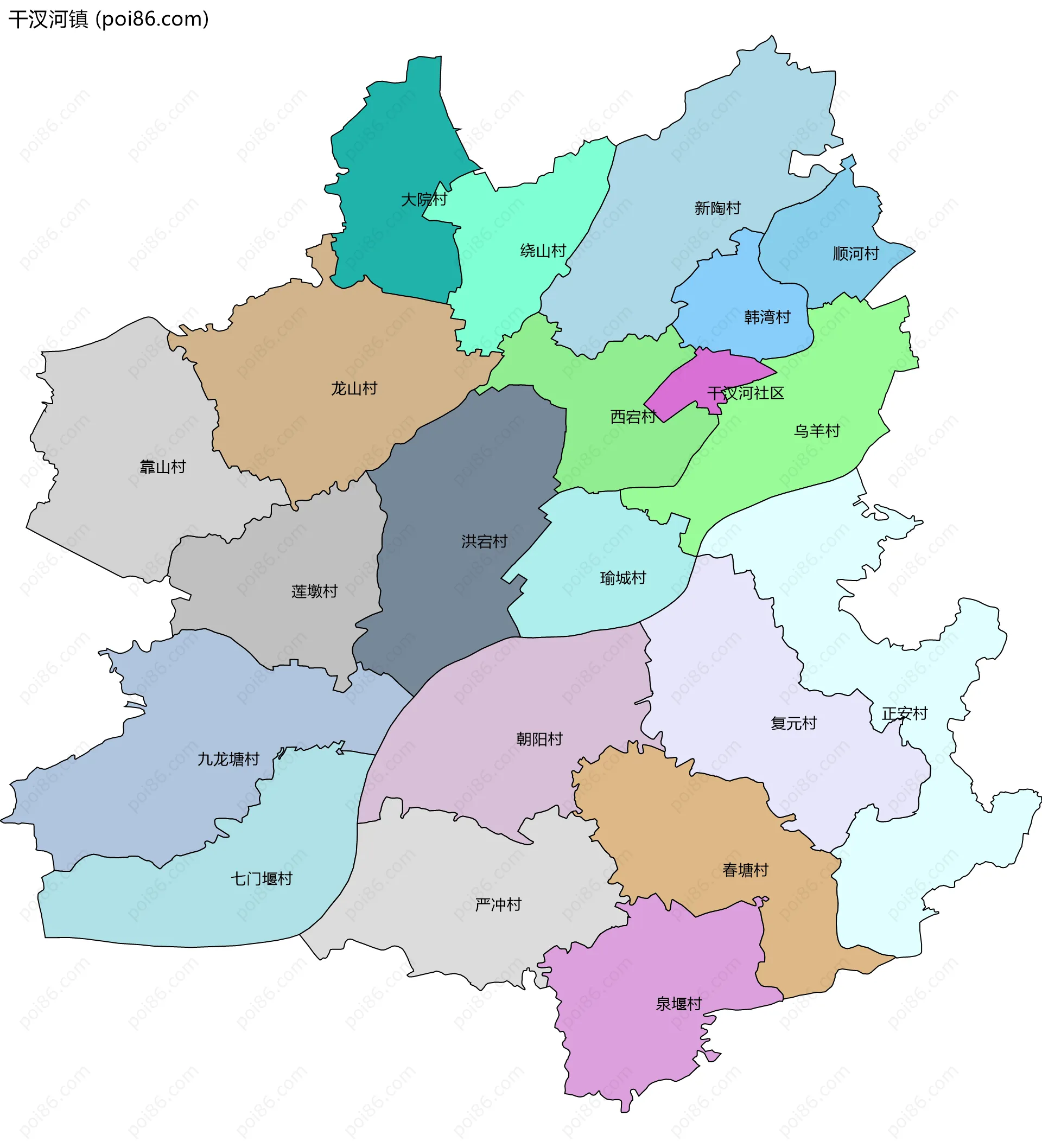 干汊河镇边界地图(五级行政区划)