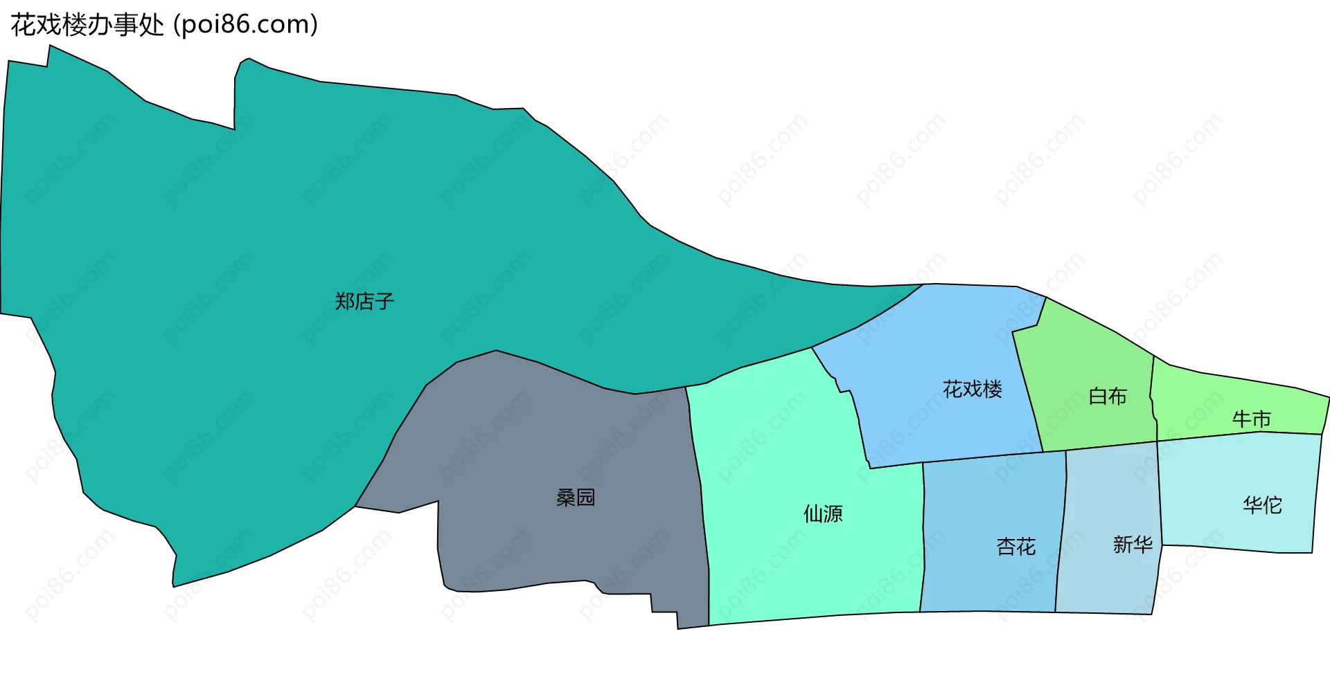 花戏楼办事处边界地图(五级行政区划)