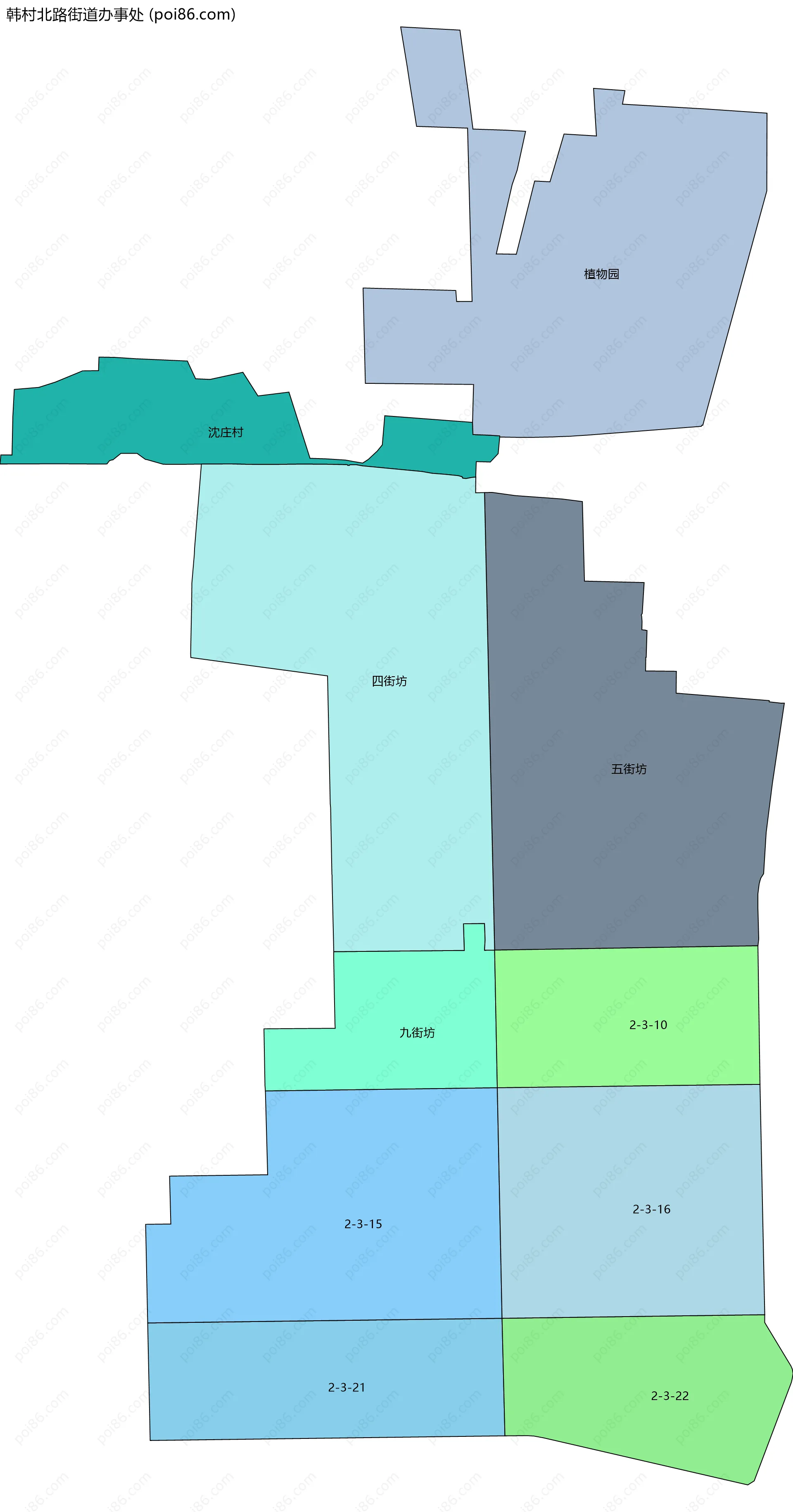 韩村北路街道办事处边界地图(五级行政区划)