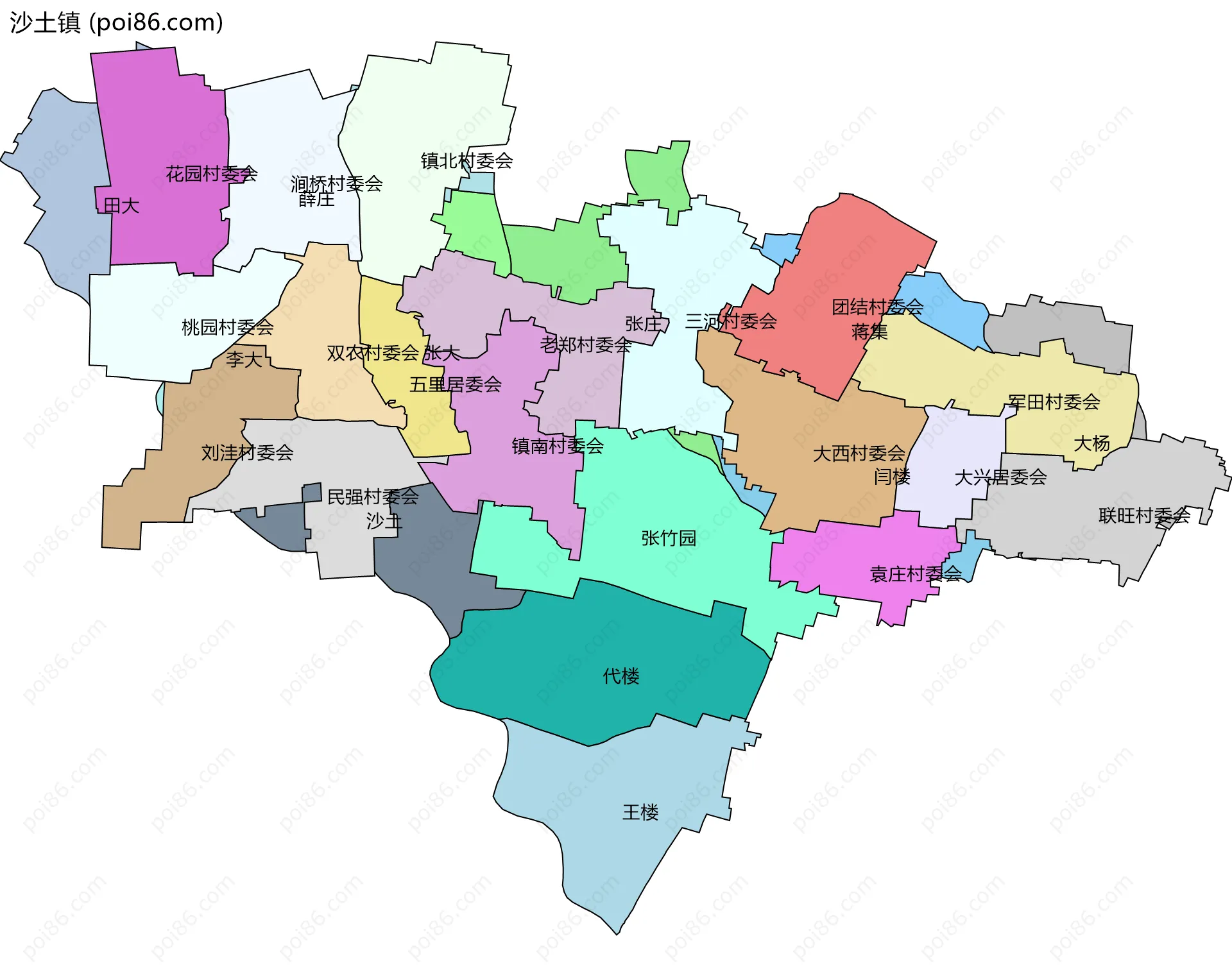 沙土镇边界地图(五级行政区划)