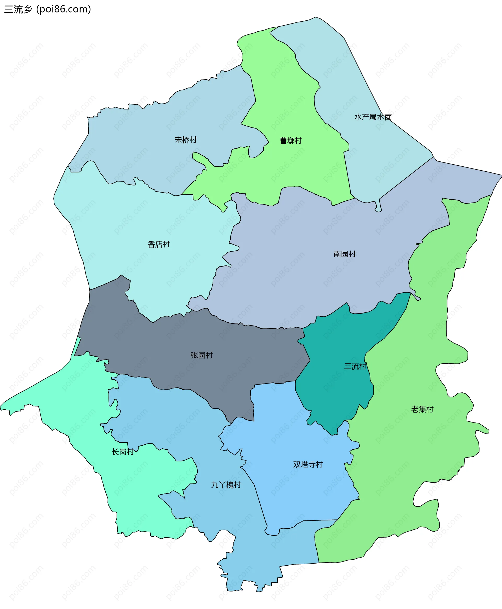 三流乡边界地图(五级行政区划)