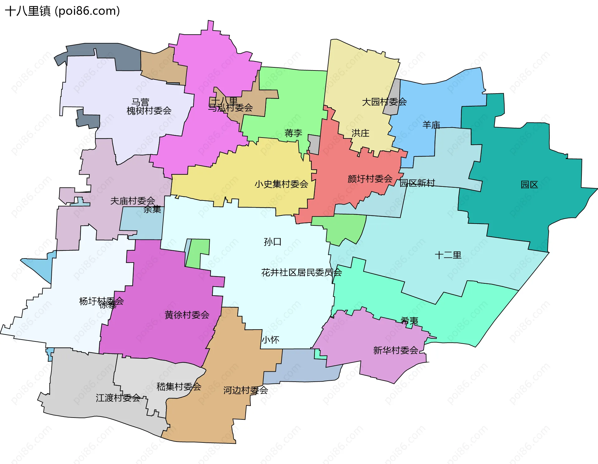 十八里镇边界地图(五级行政区划)