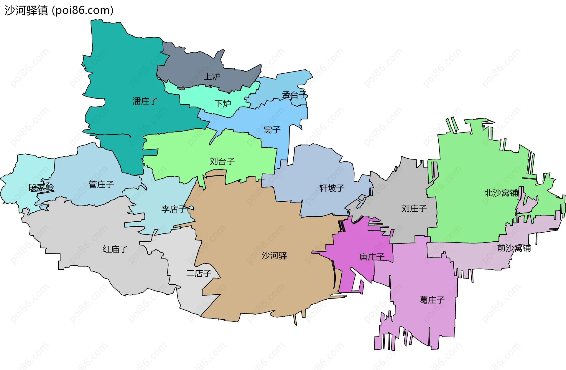 沙河驿镇边界地图(五级行政区划)