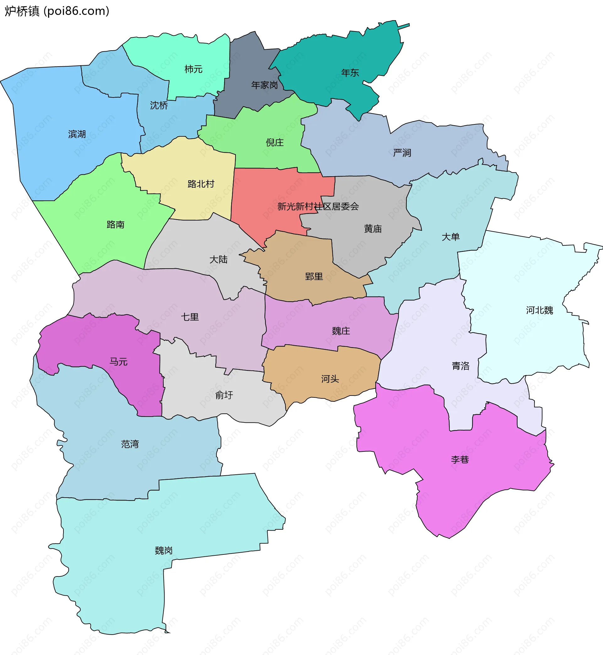 炉桥镇边界地图(五级行政区划)