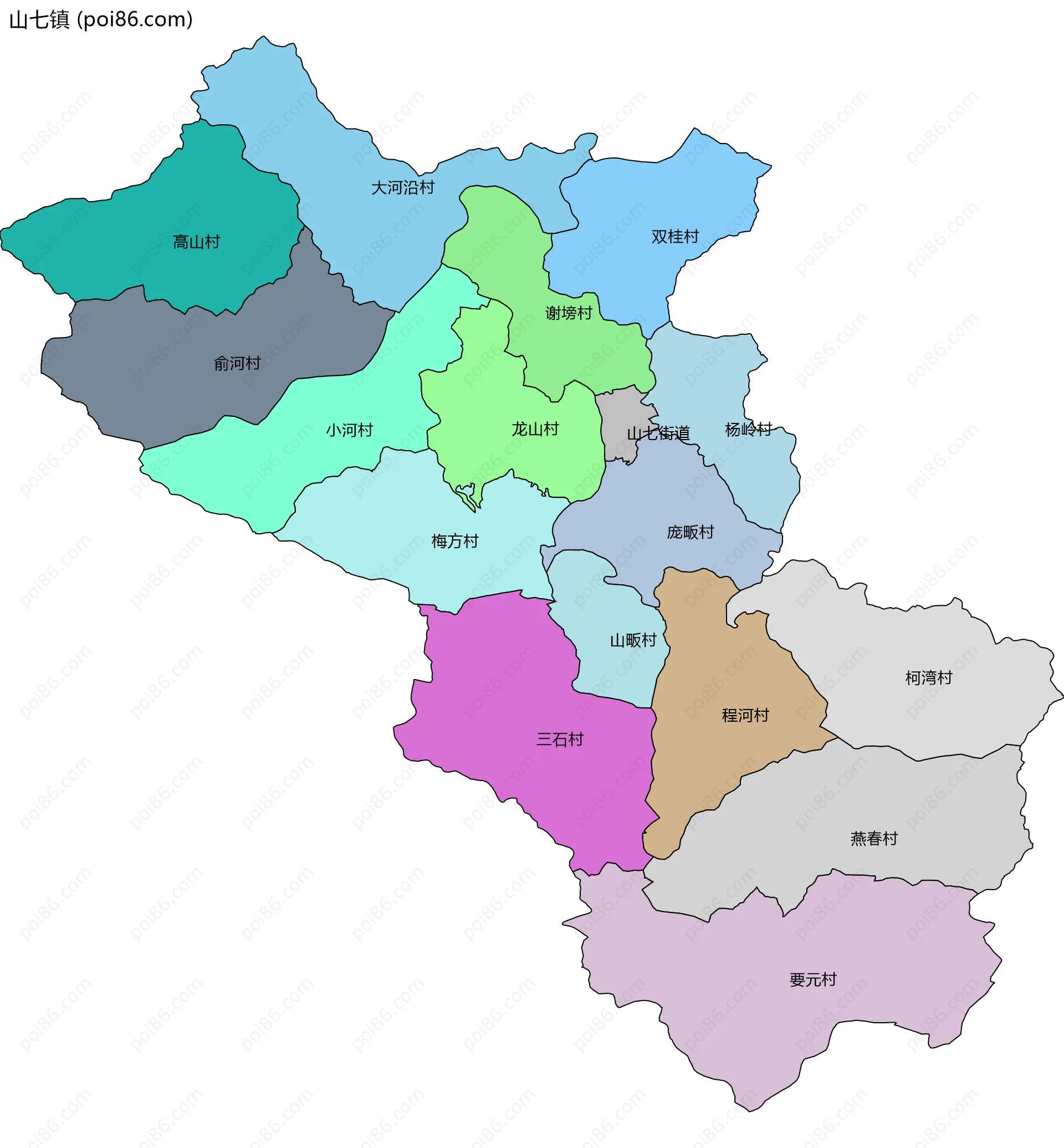 山七镇边界地图(五级行政区划)