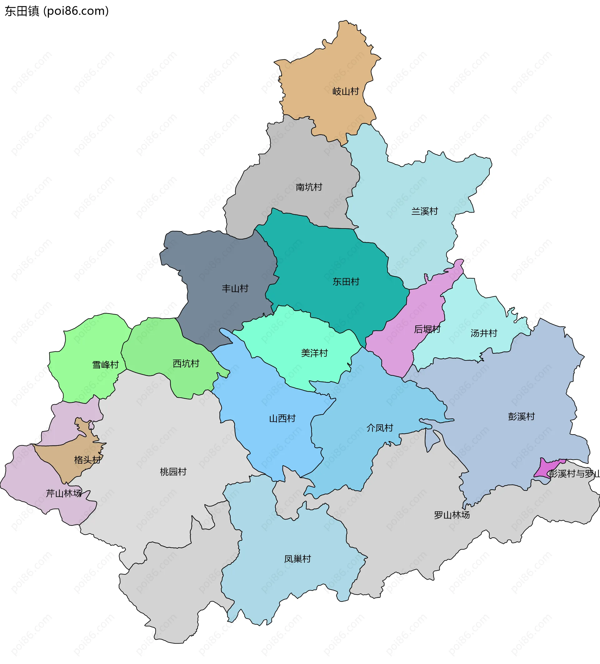 东田镇边界地图(五级行政区划)