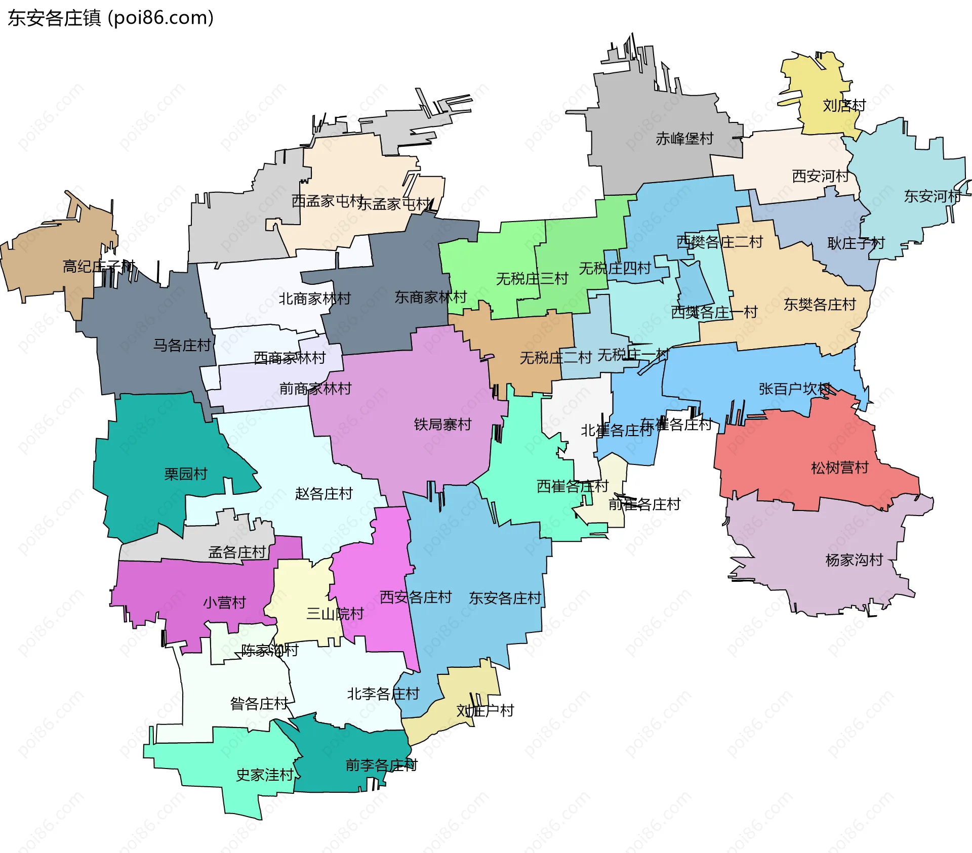 东安各庄镇边界地图(五级行政区划)