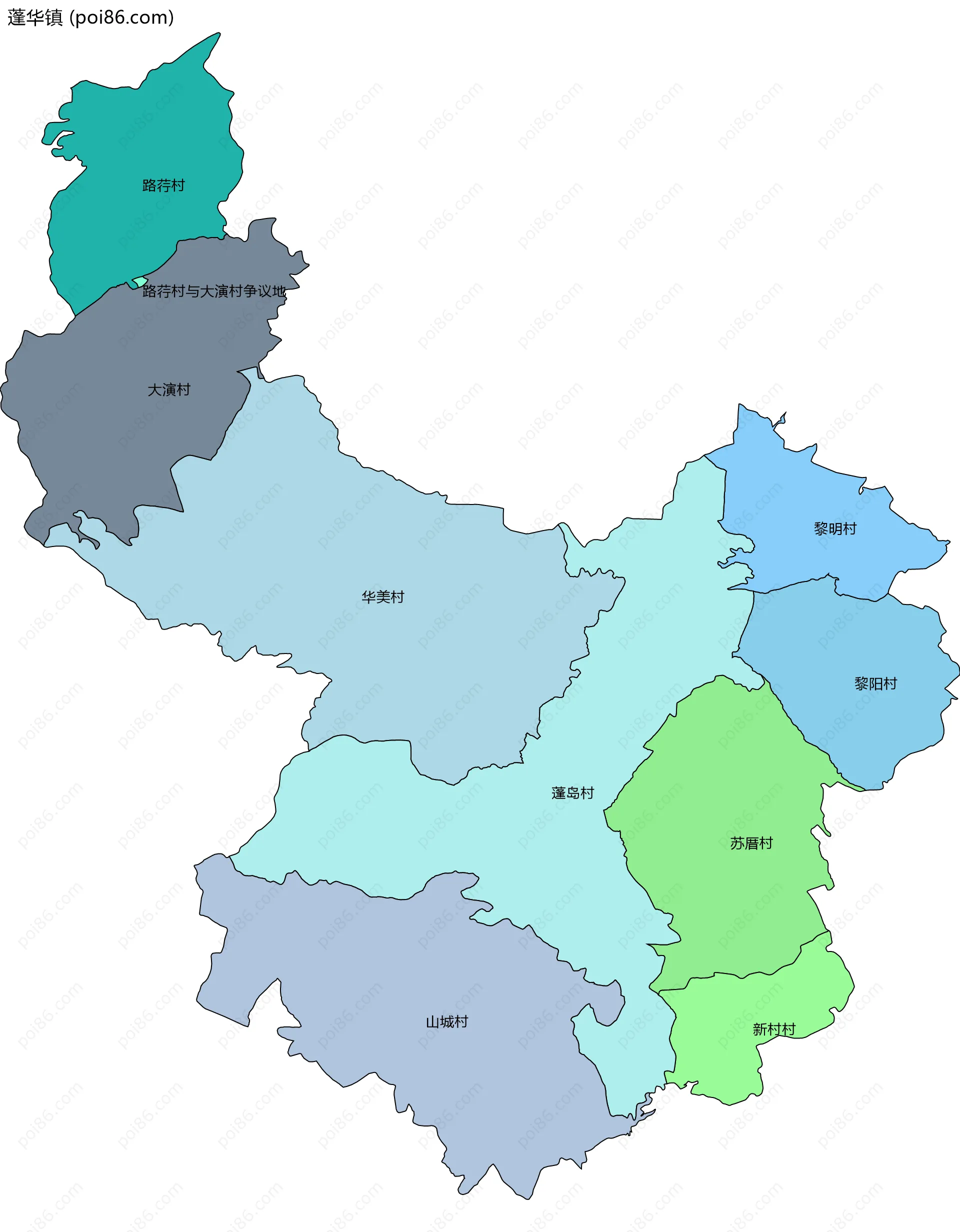 蓬华镇边界地图(五级行政区划)