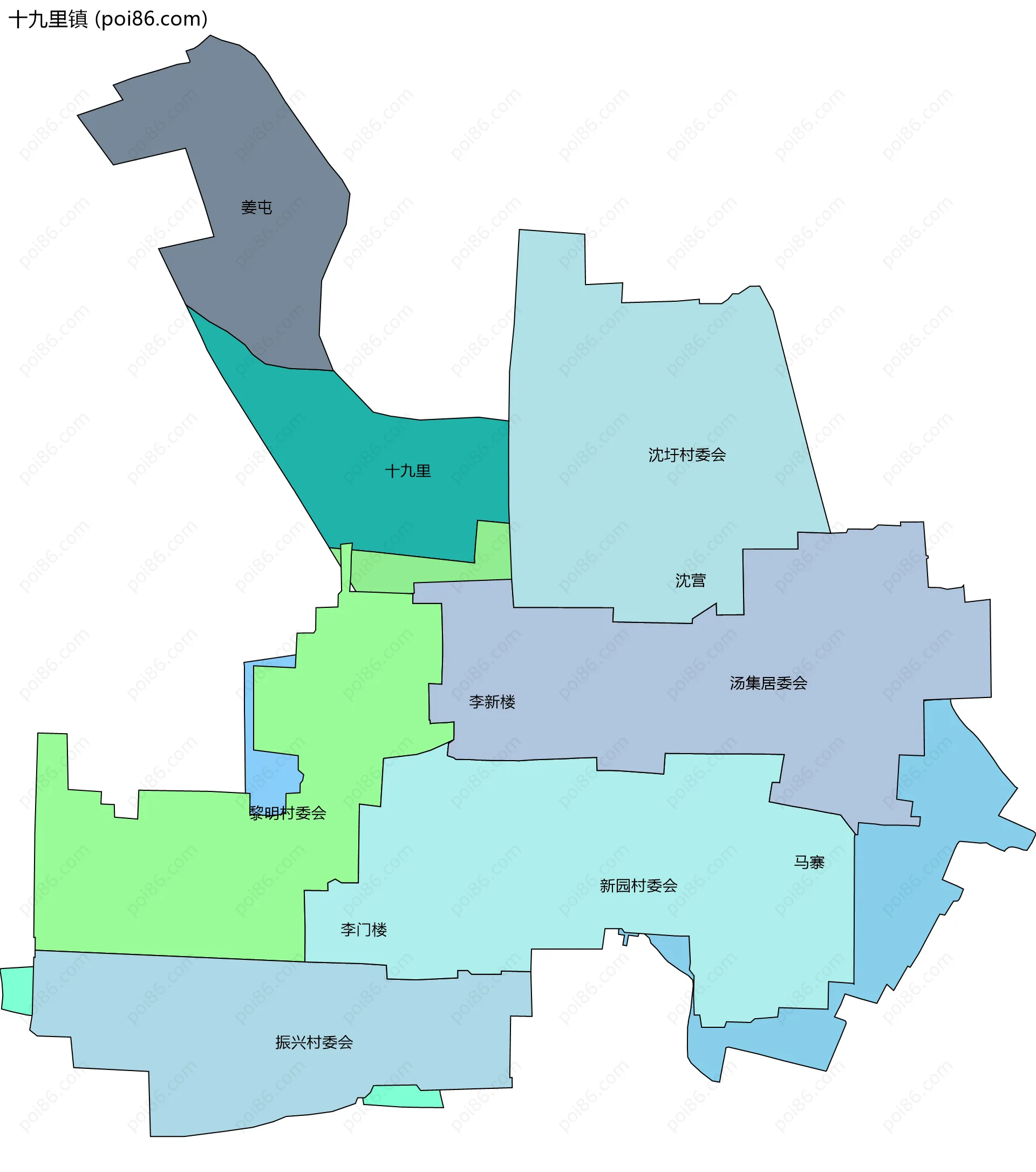 十九里镇边界地图(五级行政区划)