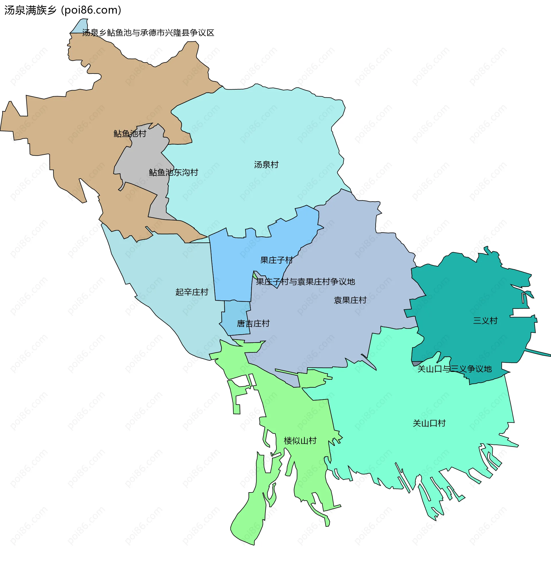 汤泉满族乡边界地图(五级行政区划)