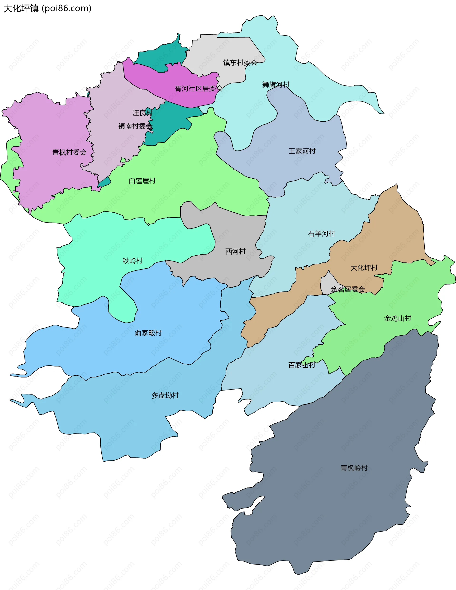 大化坪镇边界地图(五级行政区划)