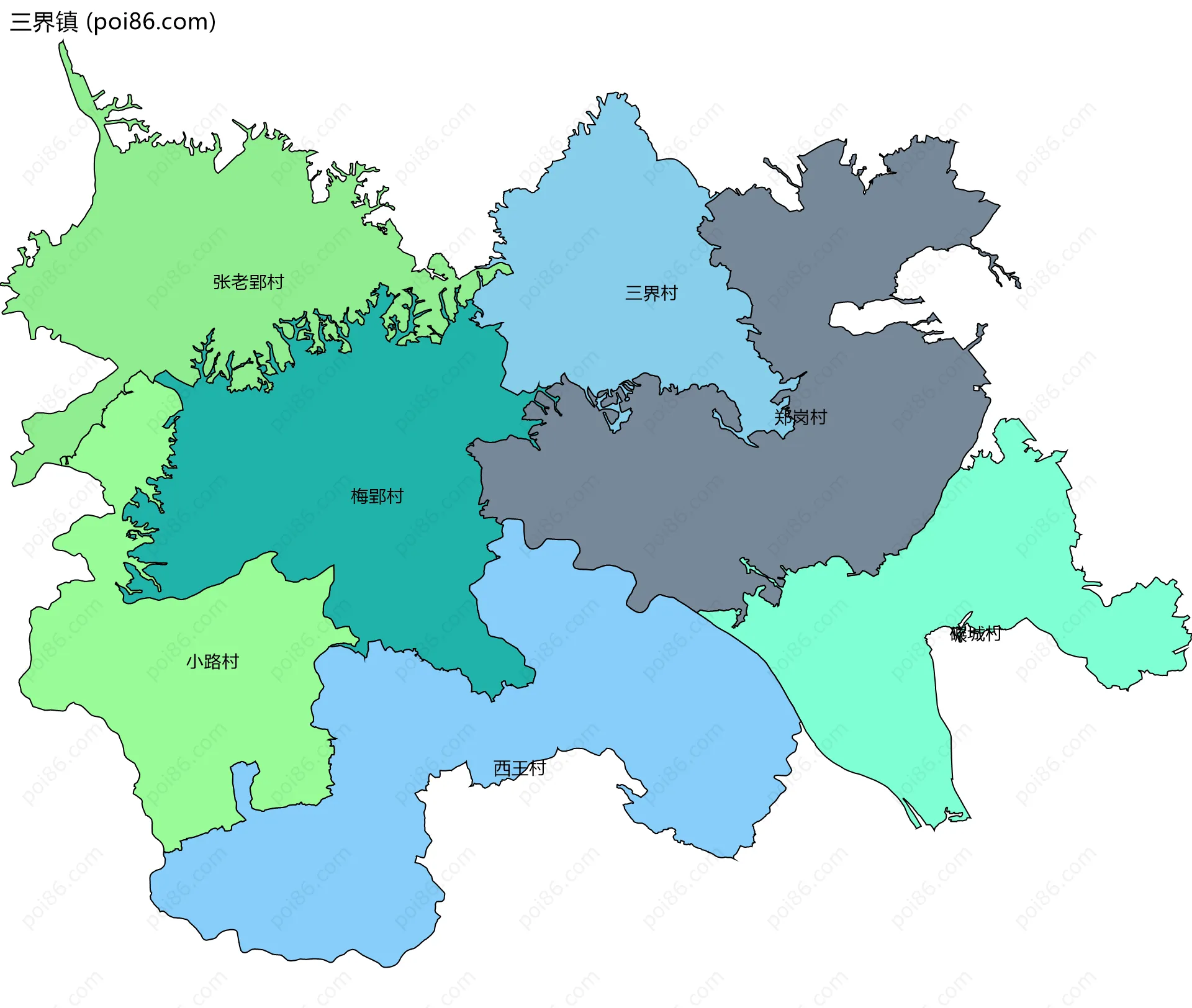 三界镇边界地图(五级行政区划)