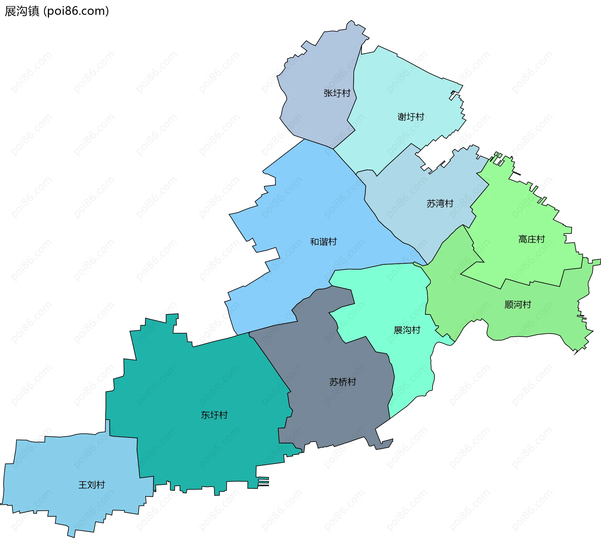 展沟镇边界地图(五级行政区划)
