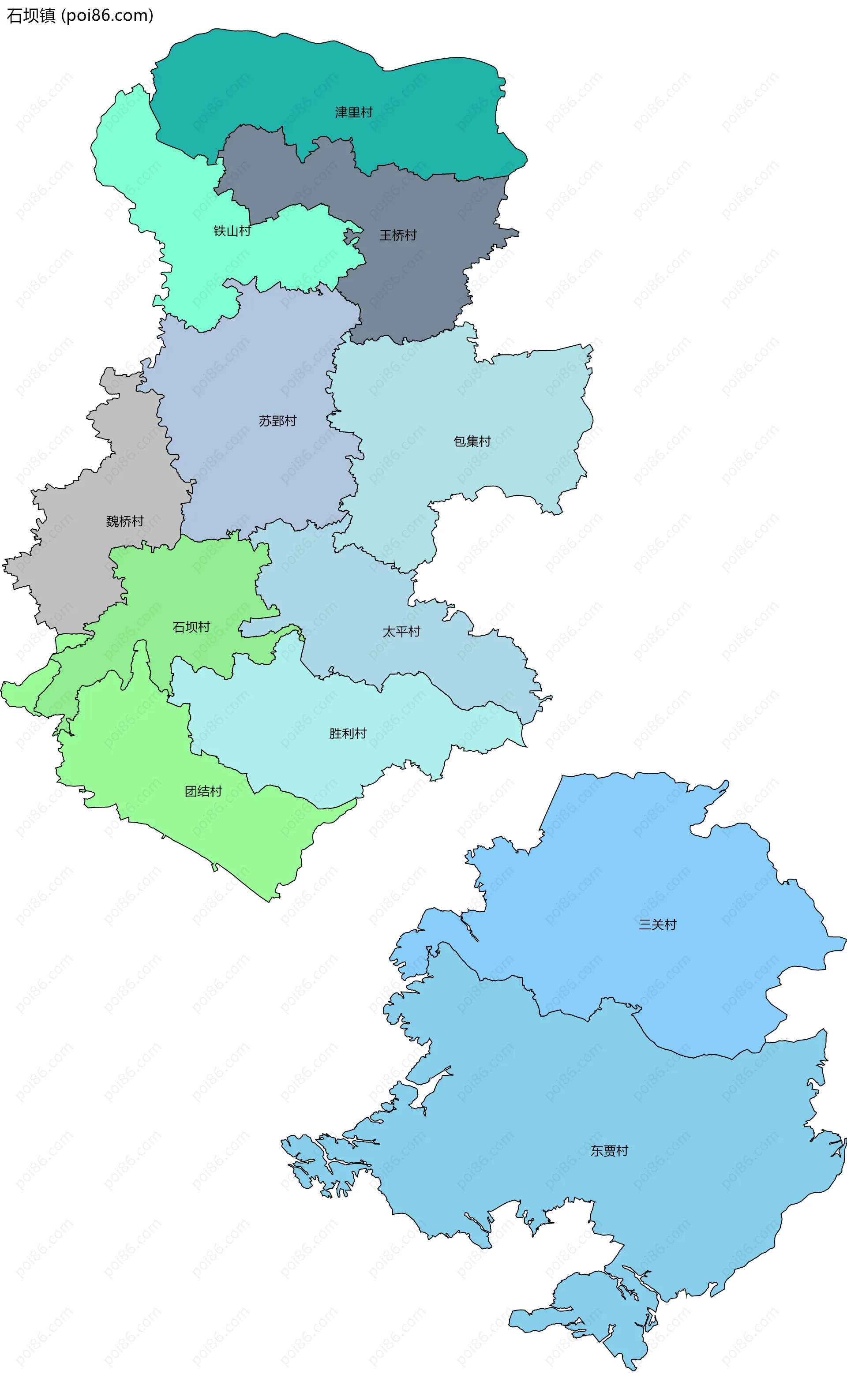 石坝镇边界地图(五级行政区划)