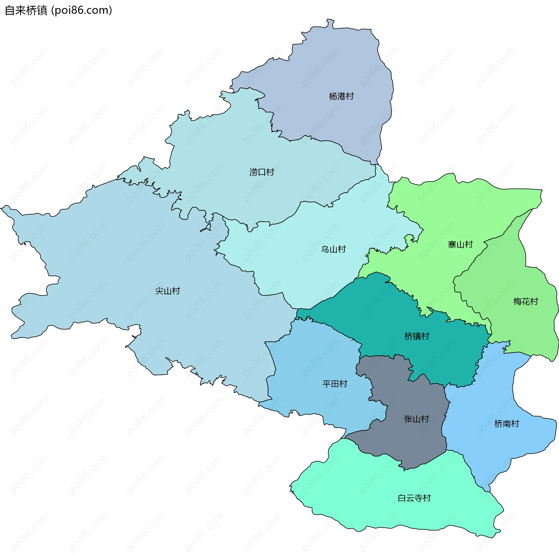 自来桥镇边界地图(五级行政区划)
