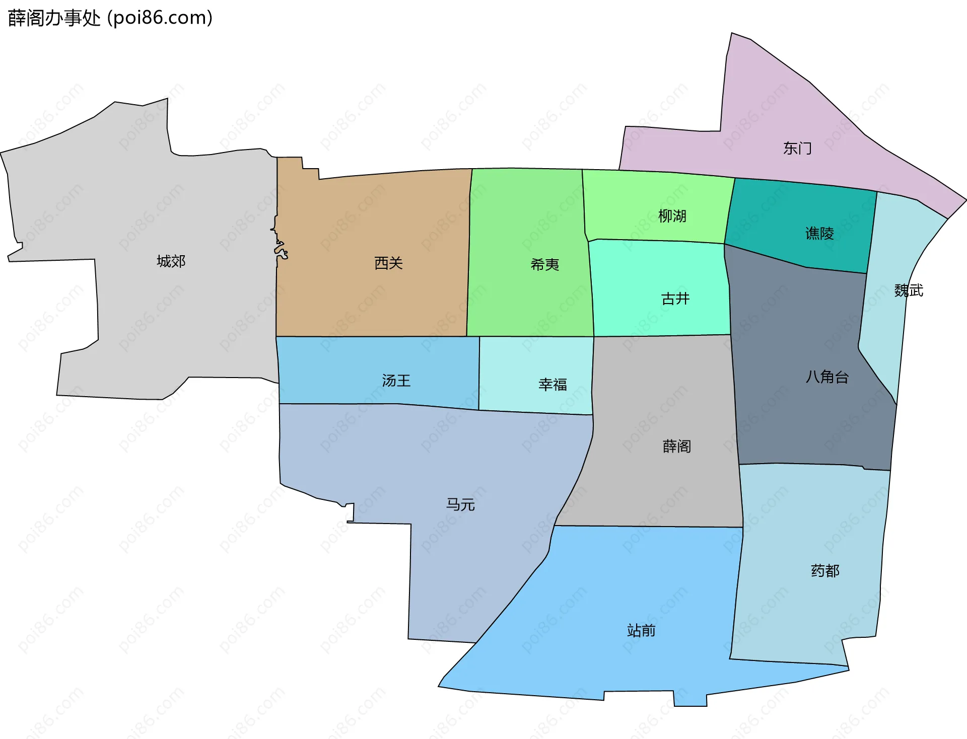 薛阁办事处边界地图(五级行政区划)