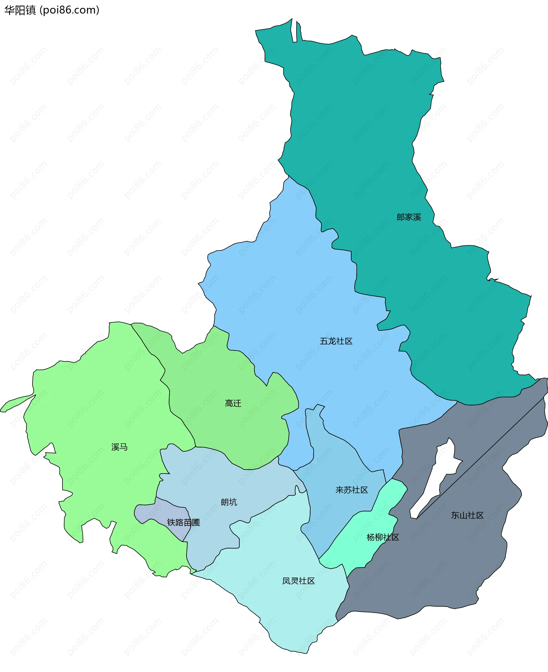 华阳镇边界地图(五级行政区划)