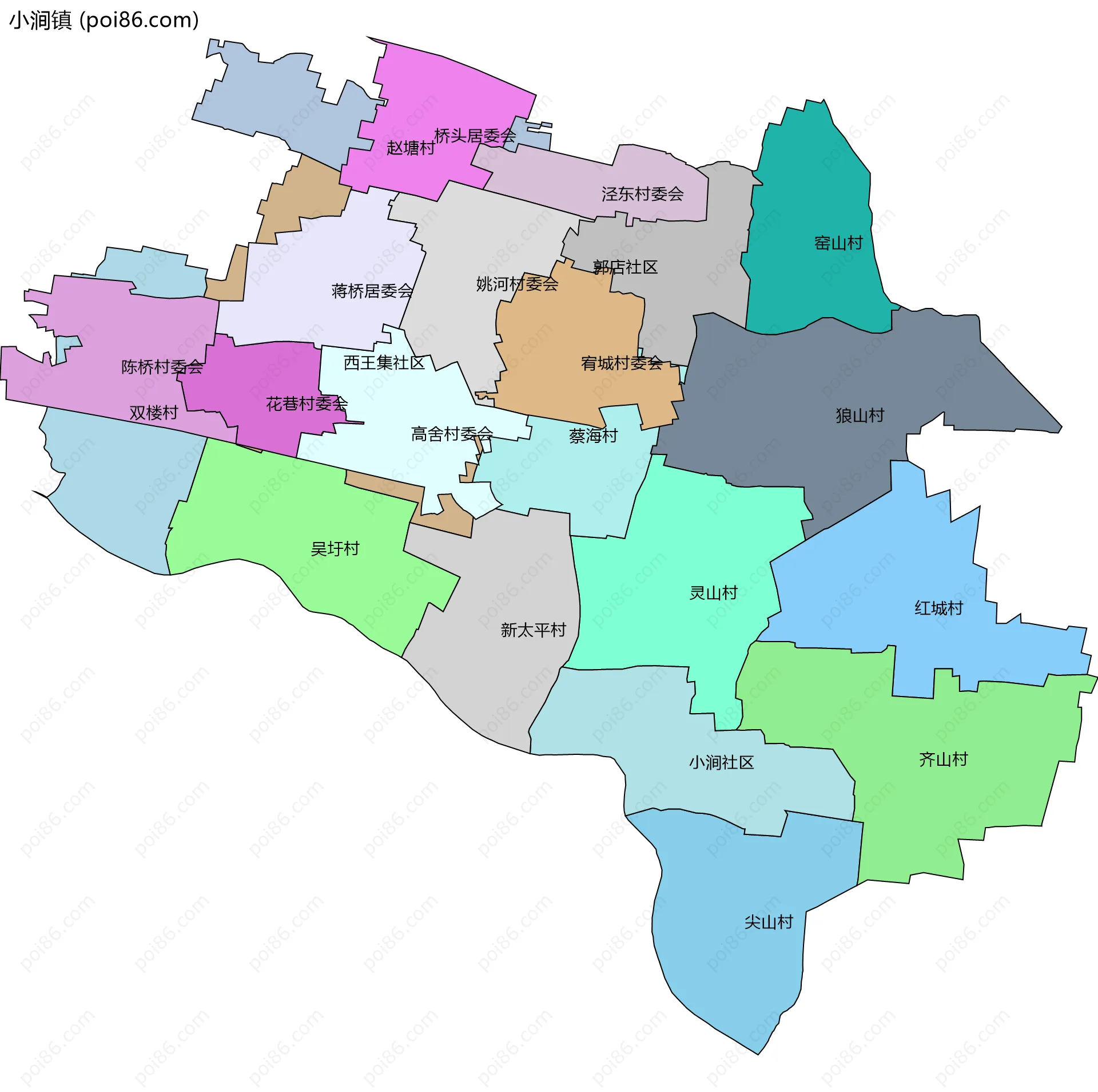 小涧镇边界地图(五级行政区划)