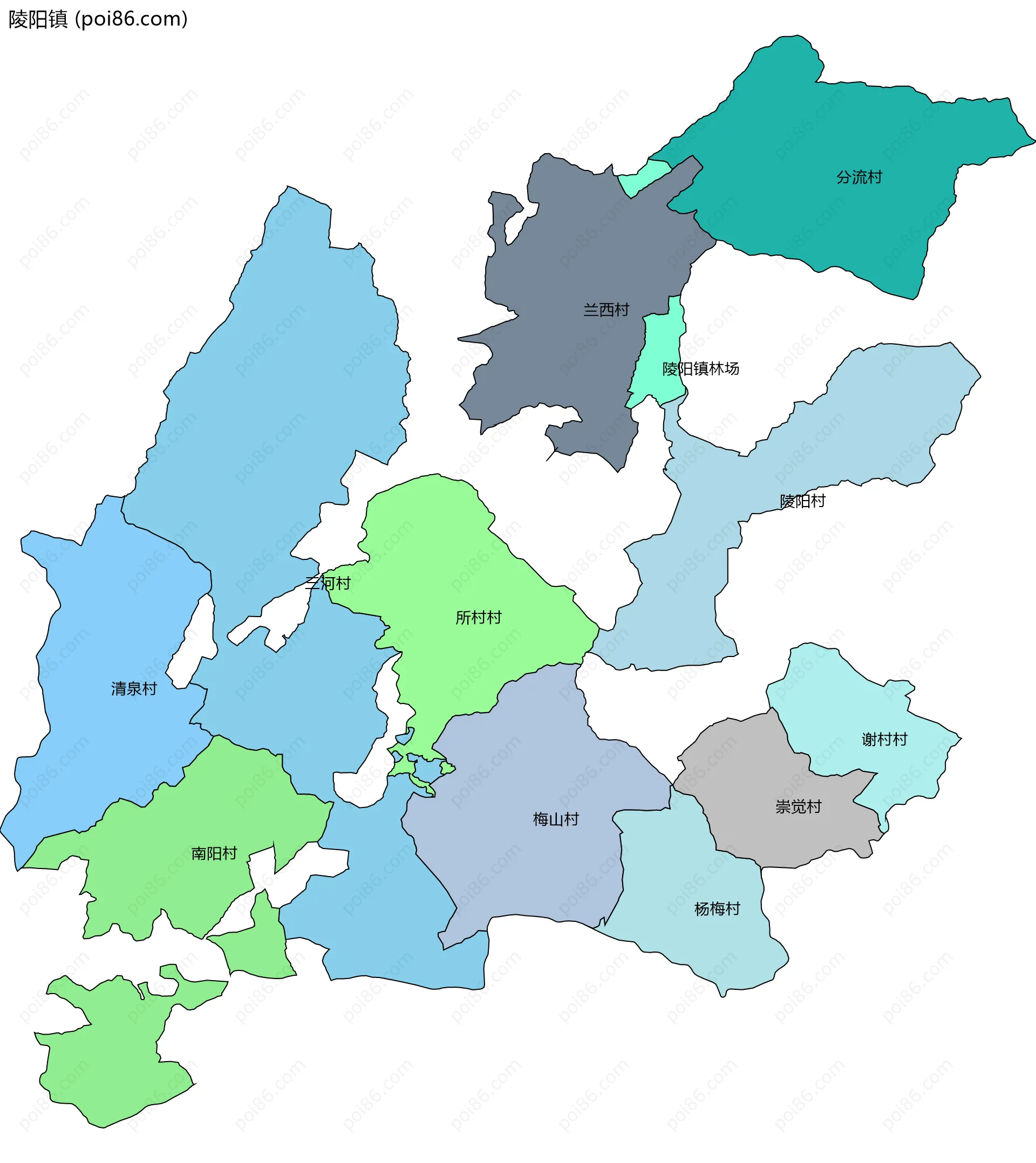 陵阳镇边界地图(五级行政区划)