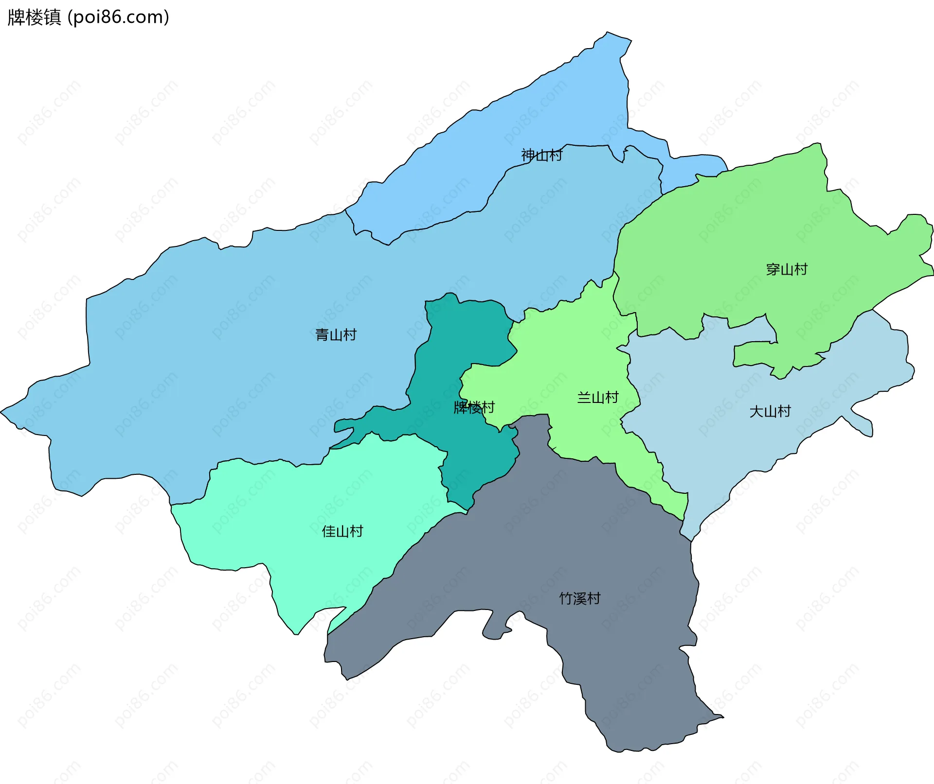 牌楼镇边界地图(五级行政区划)