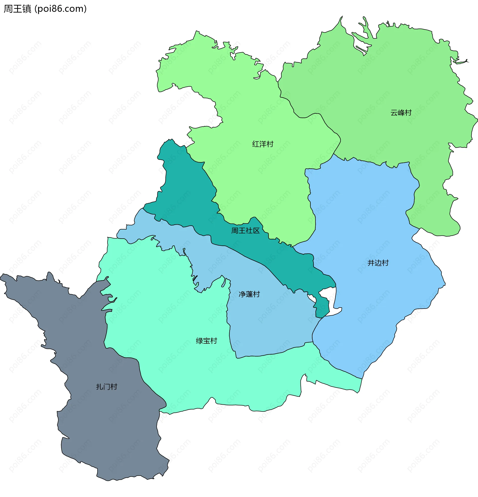周王镇边界地图(五级行政区划)