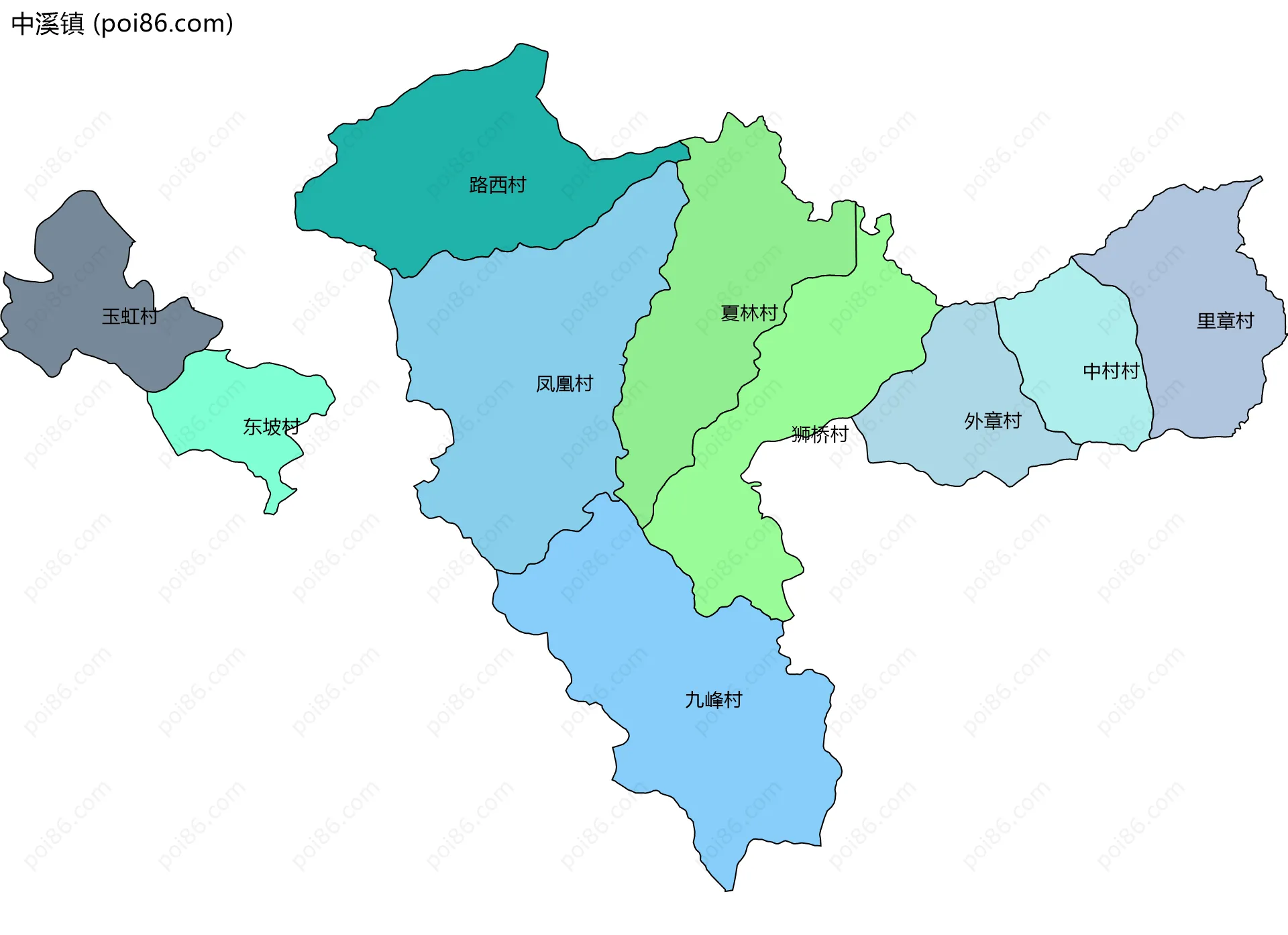 中溪镇边界地图(五级行政区划)