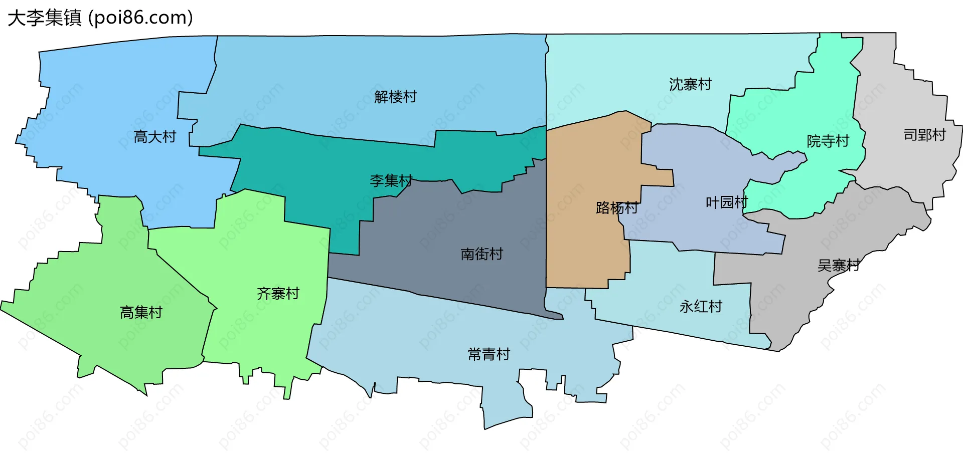 大李集镇边界地图(五级行政区划)