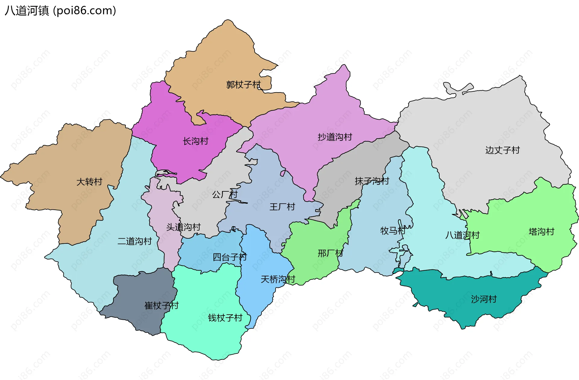 八道河镇边界地图(五级行政区划)