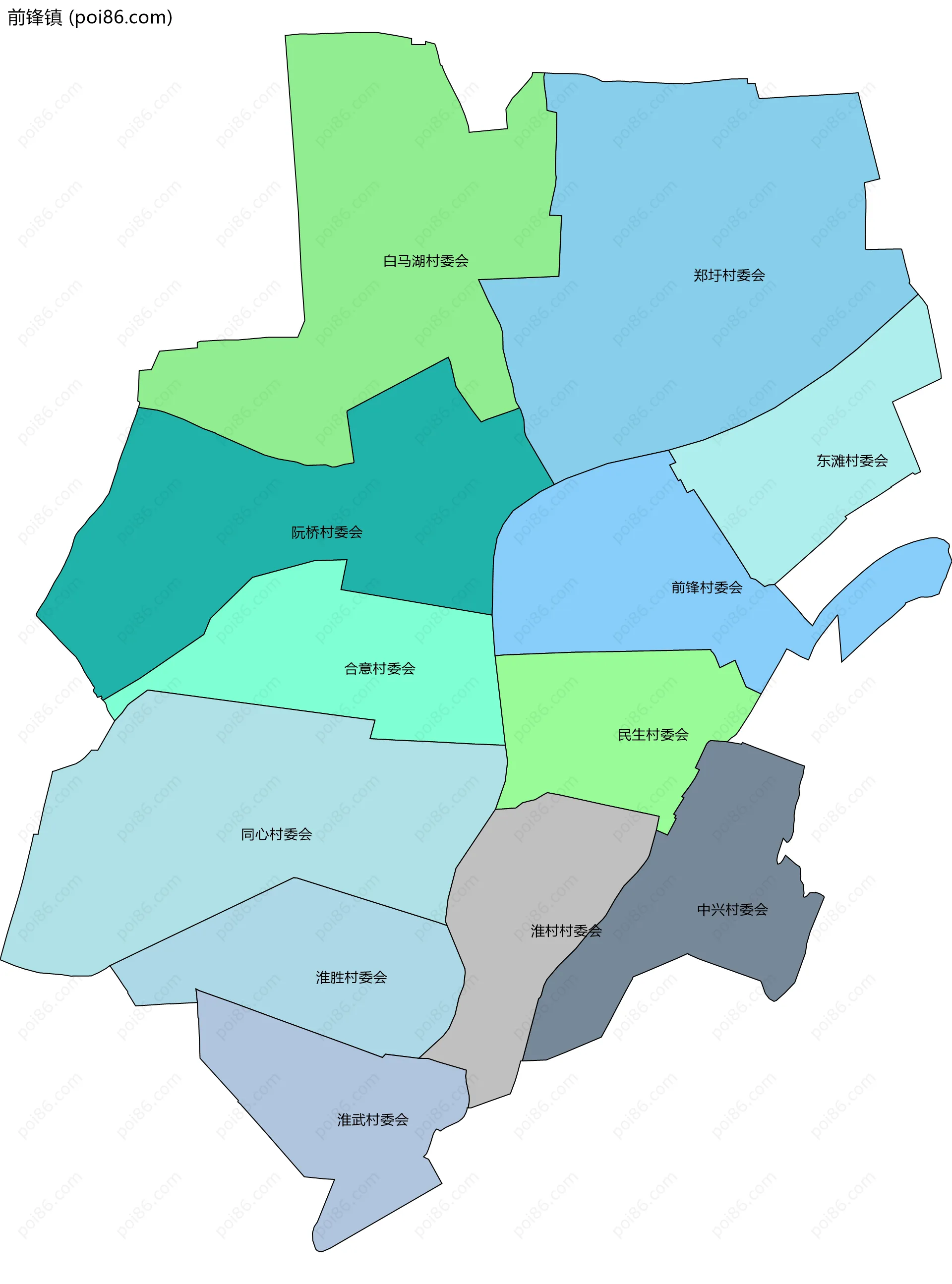 前锋镇边界地图(五级行政区划)