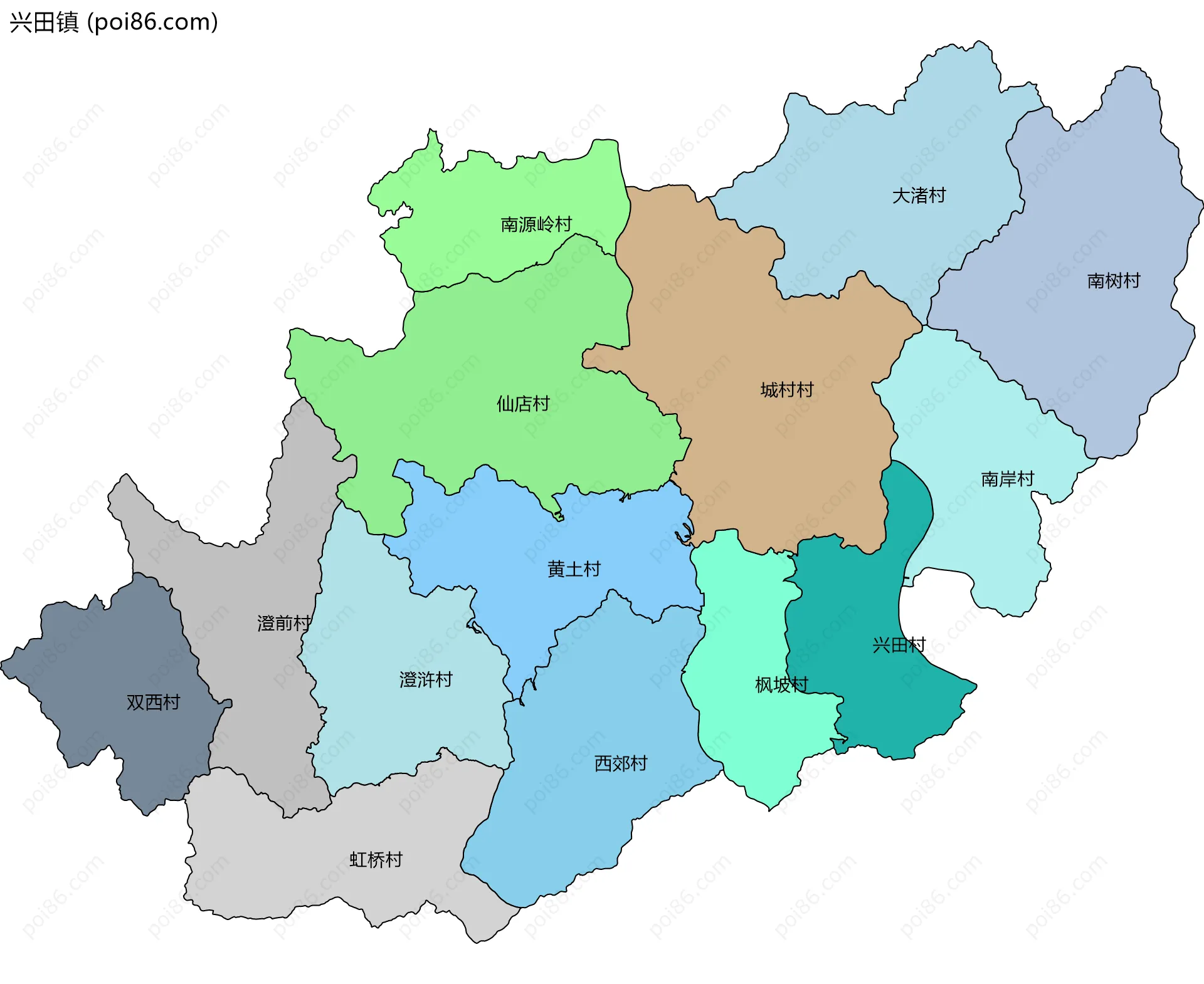 兴田镇边界地图(五级行政区划)