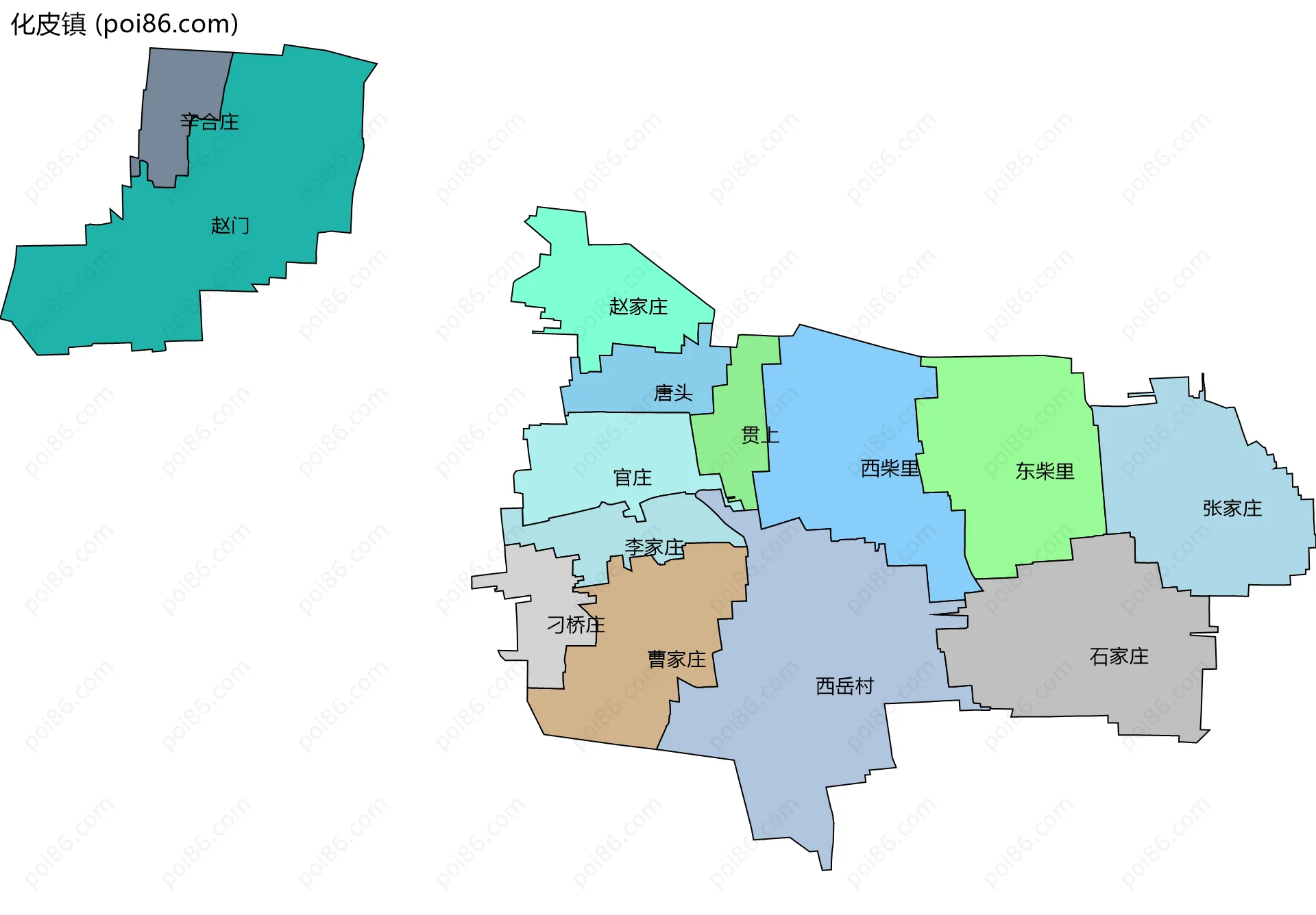 化皮镇边界地图(五级行政区划)