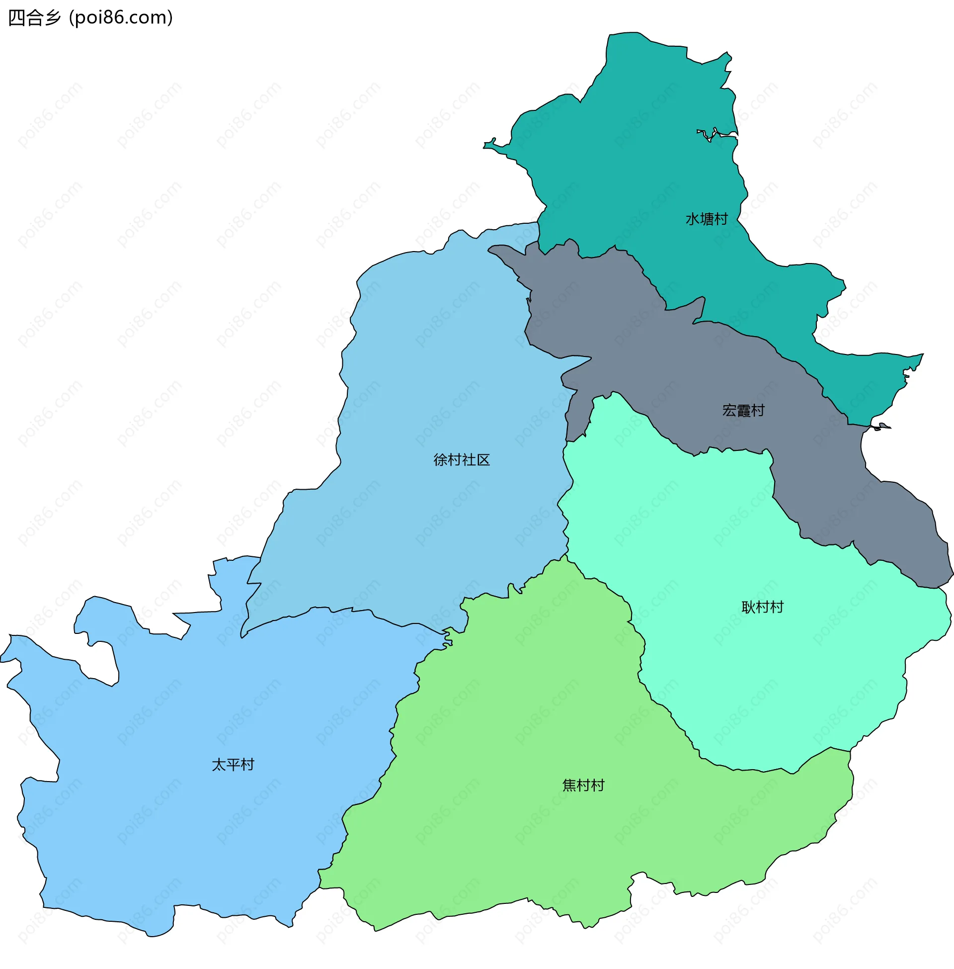 四合乡边界地图(五级行政区划)