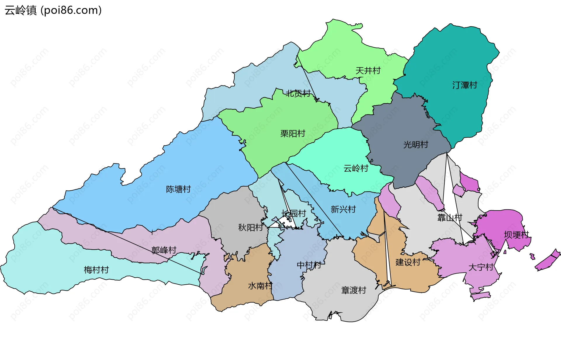 云岭镇边界地图(五级行政区划)