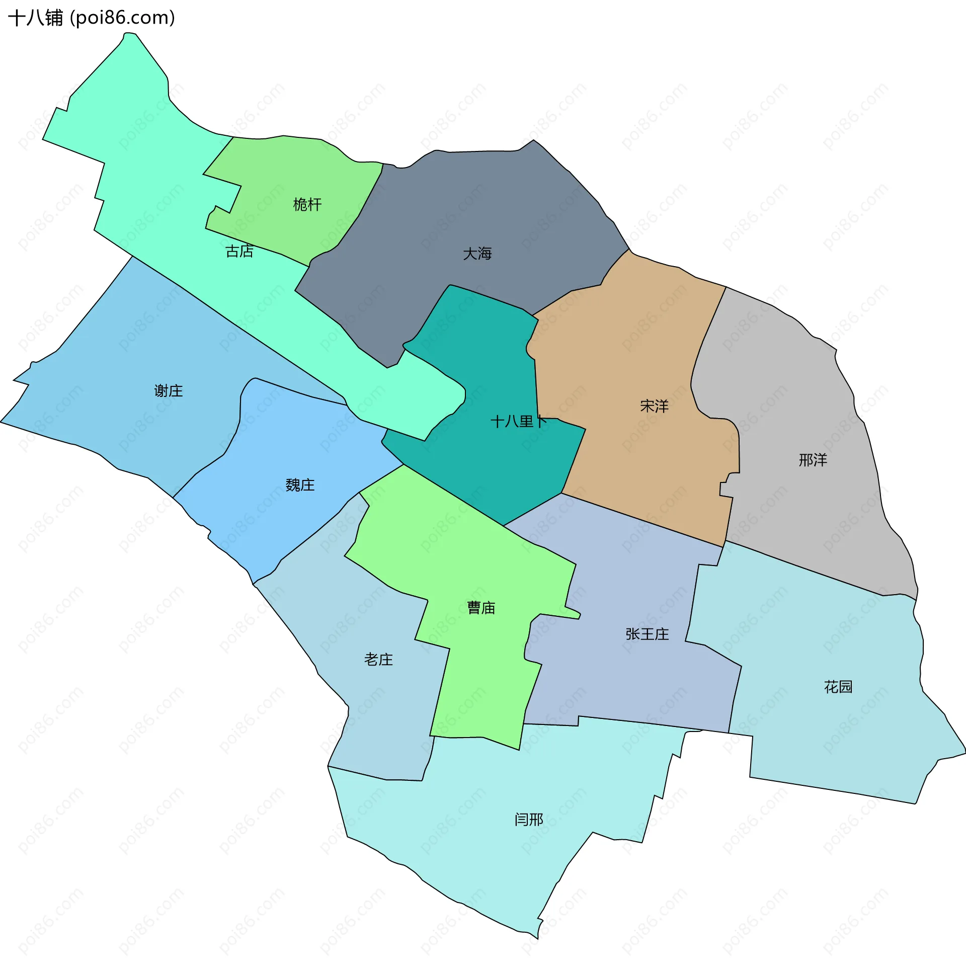 十八铺边界地图(五级行政区划)