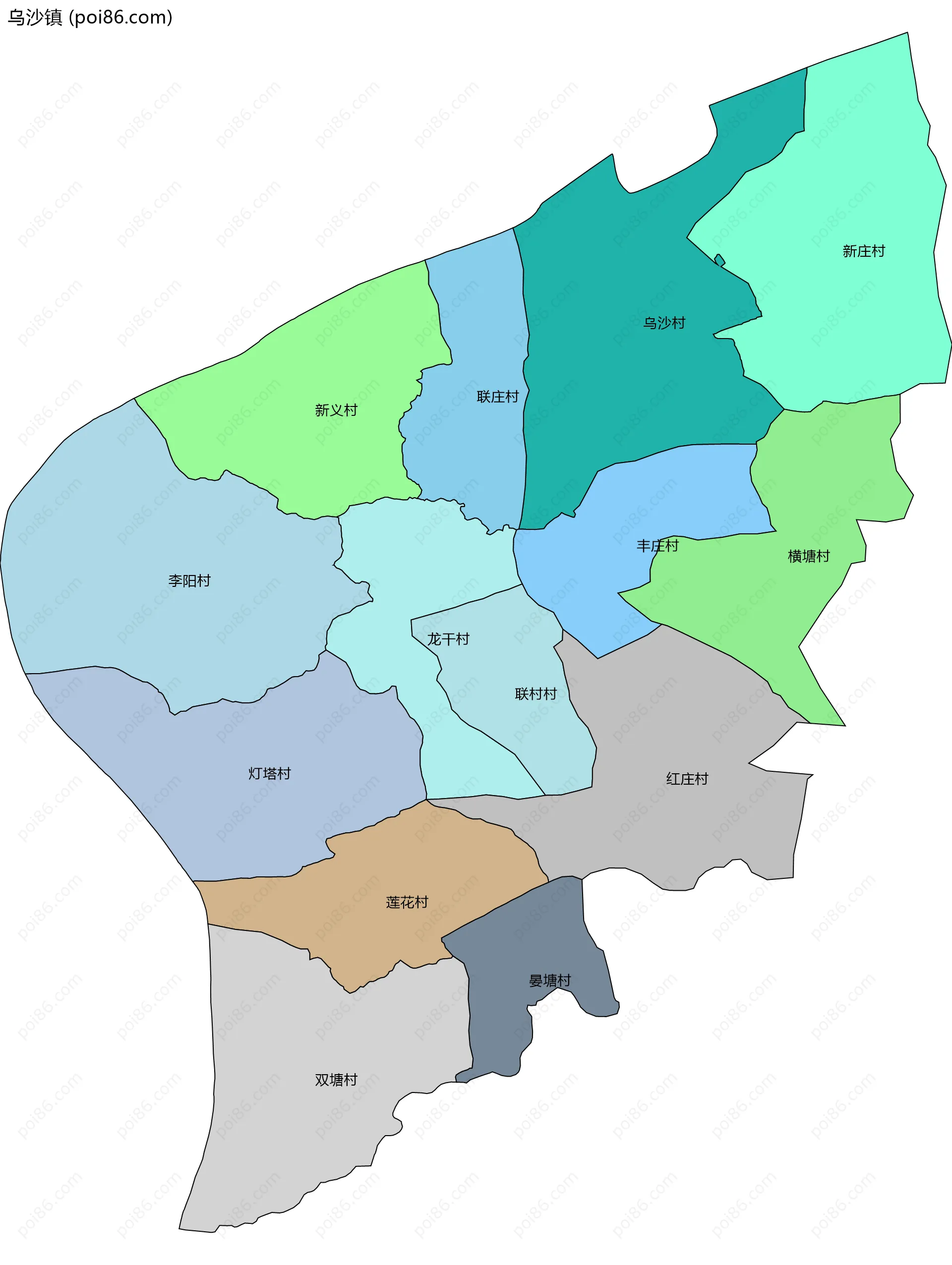 乌沙镇边界地图(五级行政区划)