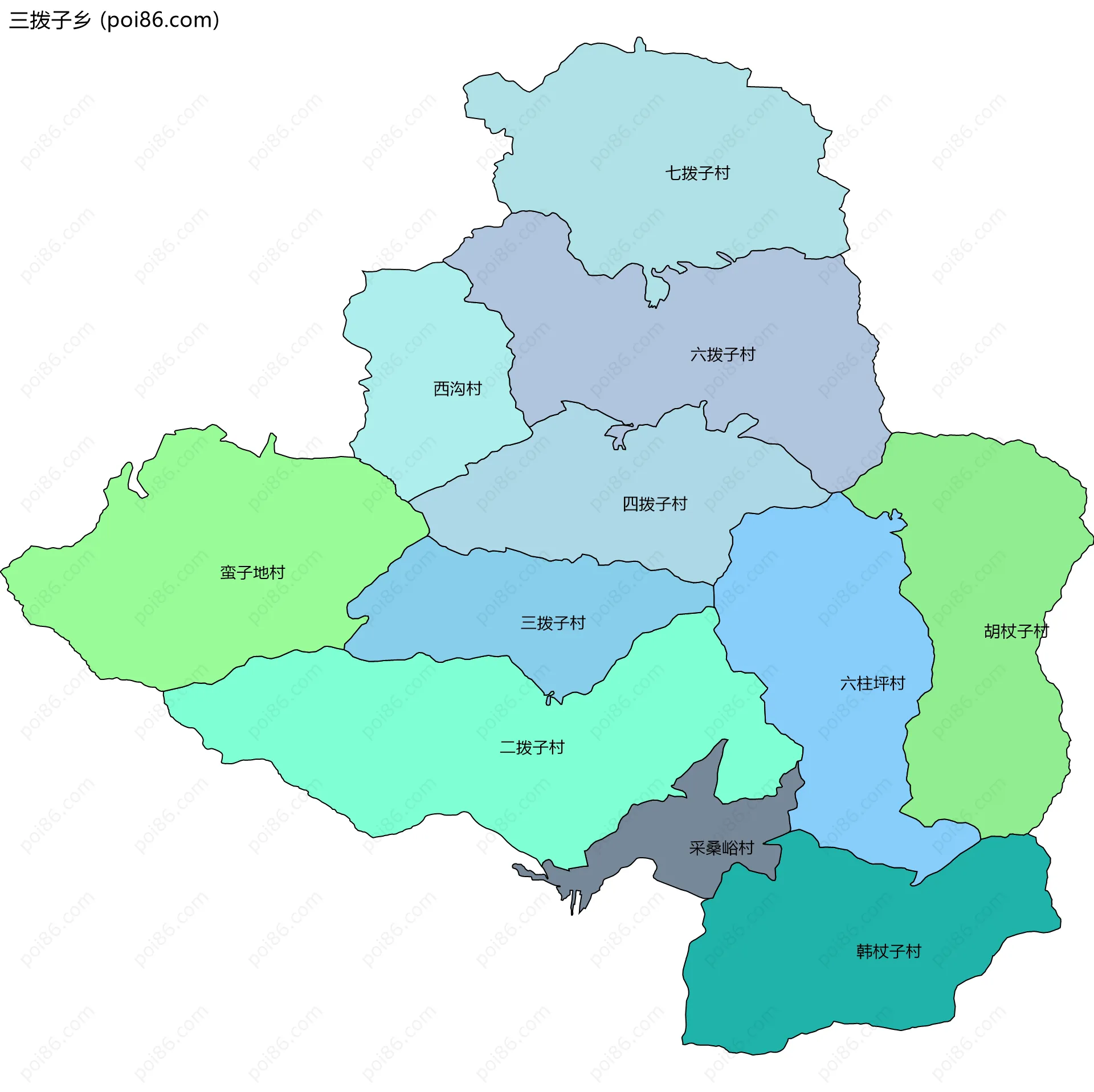 三拨子乡边界地图(五级行政区划)