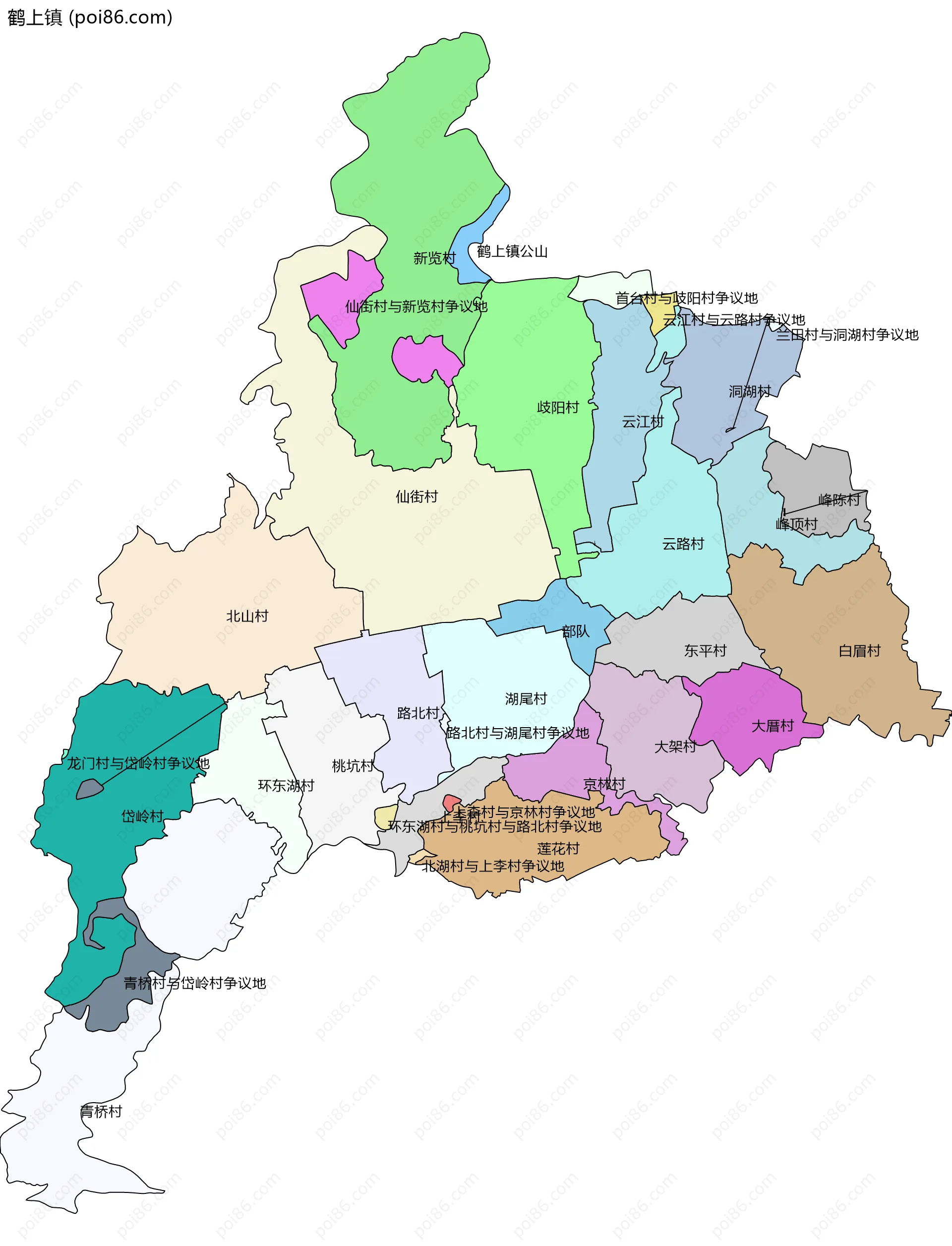 鹤上镇边界地图(五级行政区划)