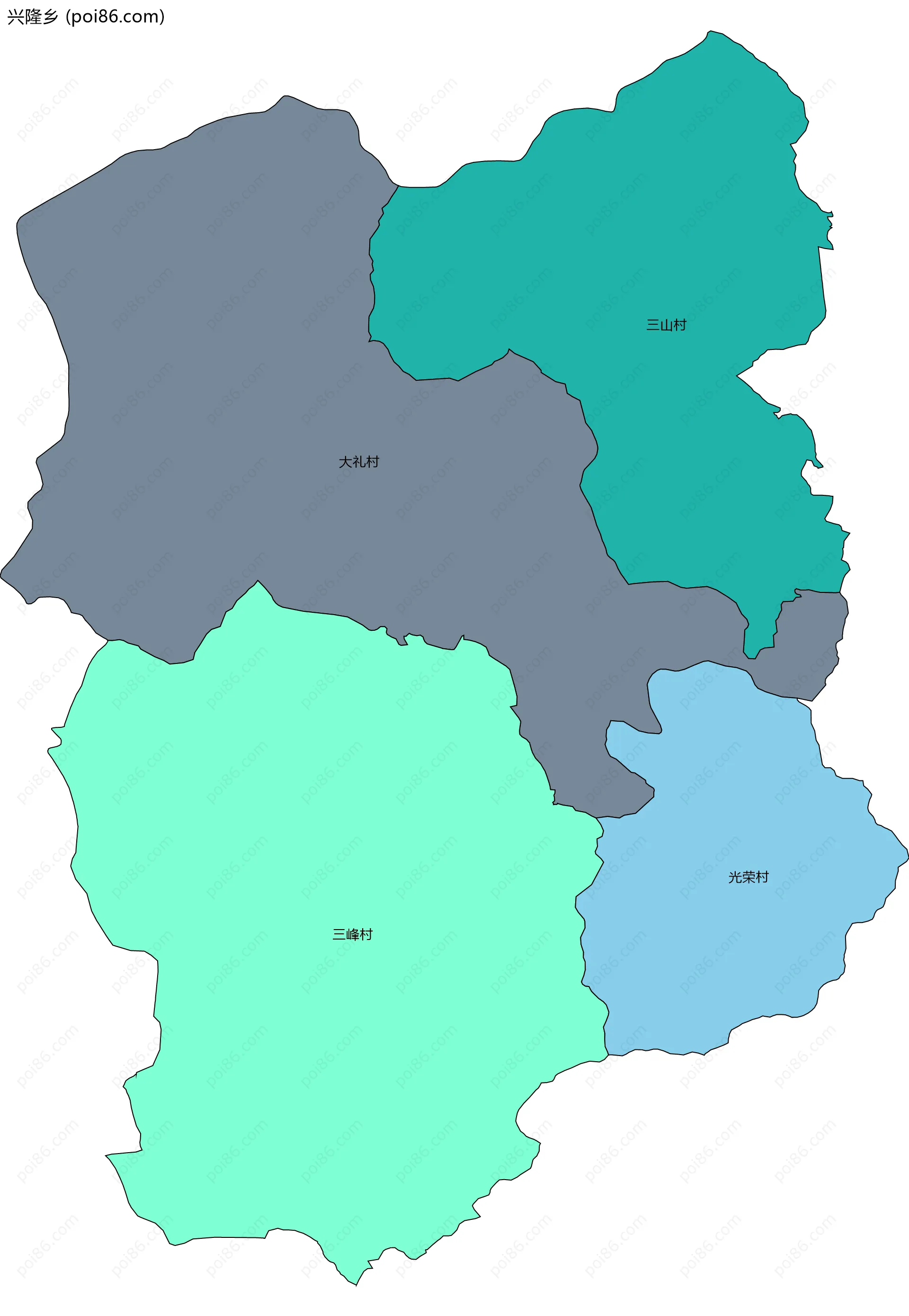 兴隆乡边界地图(五级行政区划)