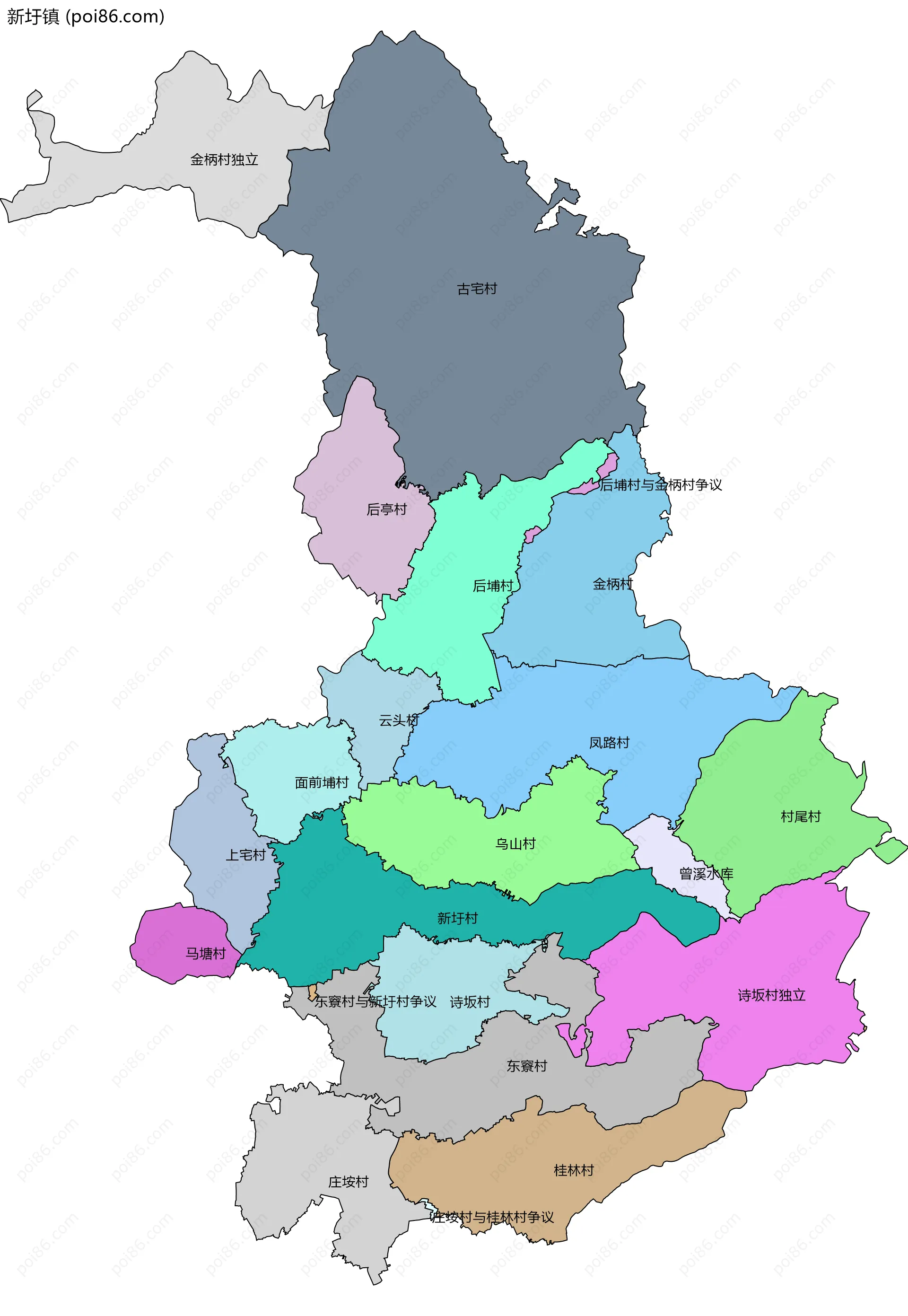 新圩镇边界地图(五级行政区划)