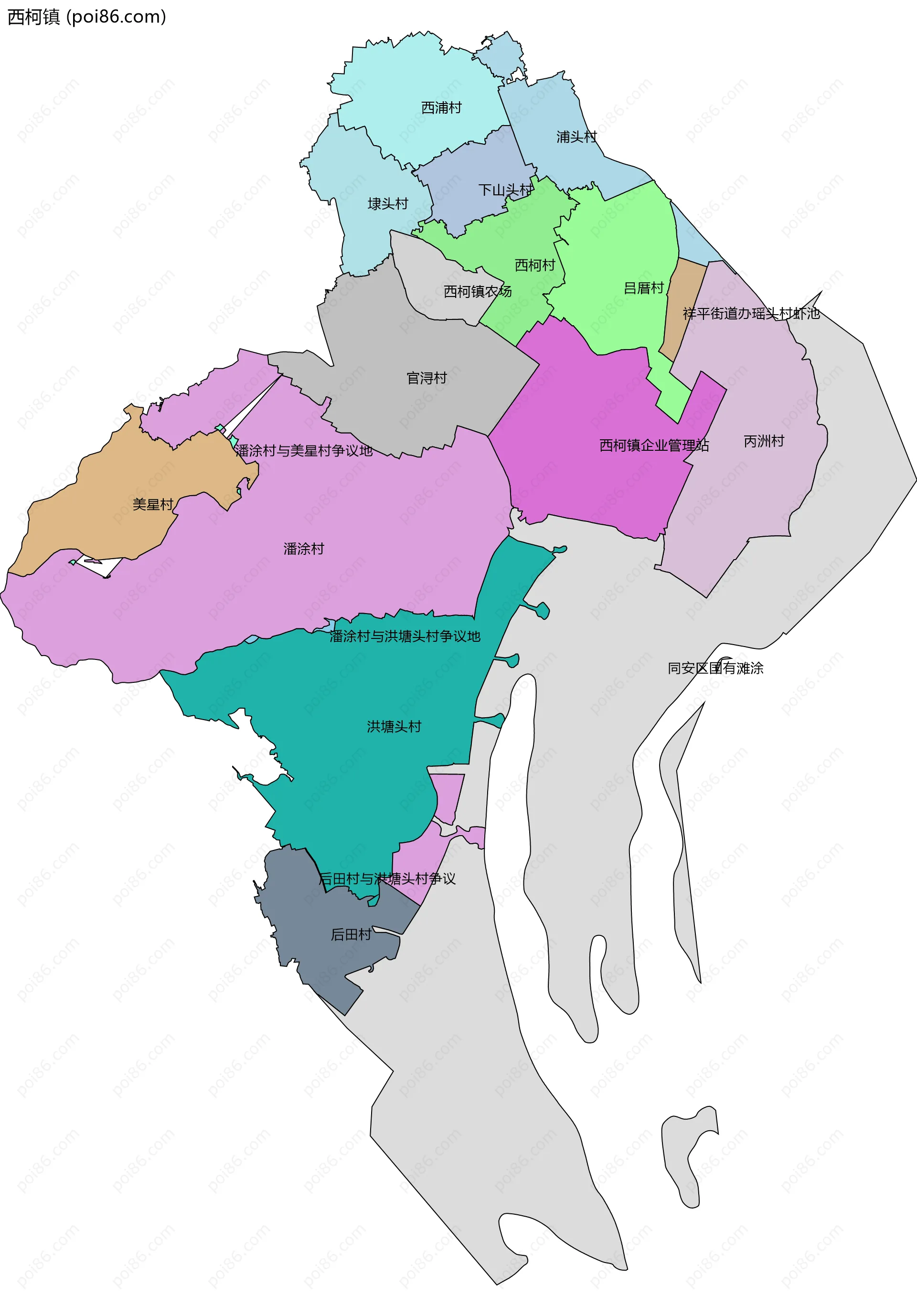 西柯镇边界地图(五级行政区划)