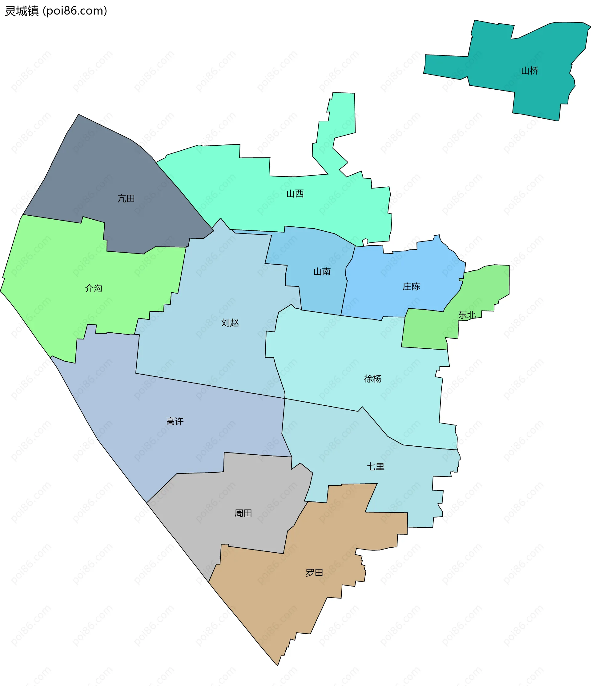 灵城镇边界地图(五级行政区划)