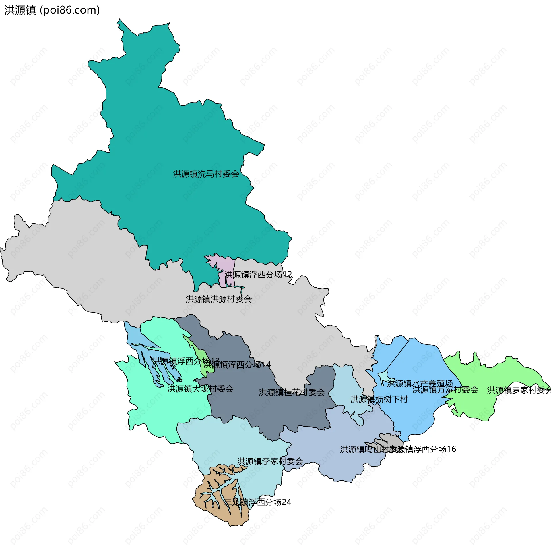 洪源镇边界地图(五级行政区划)