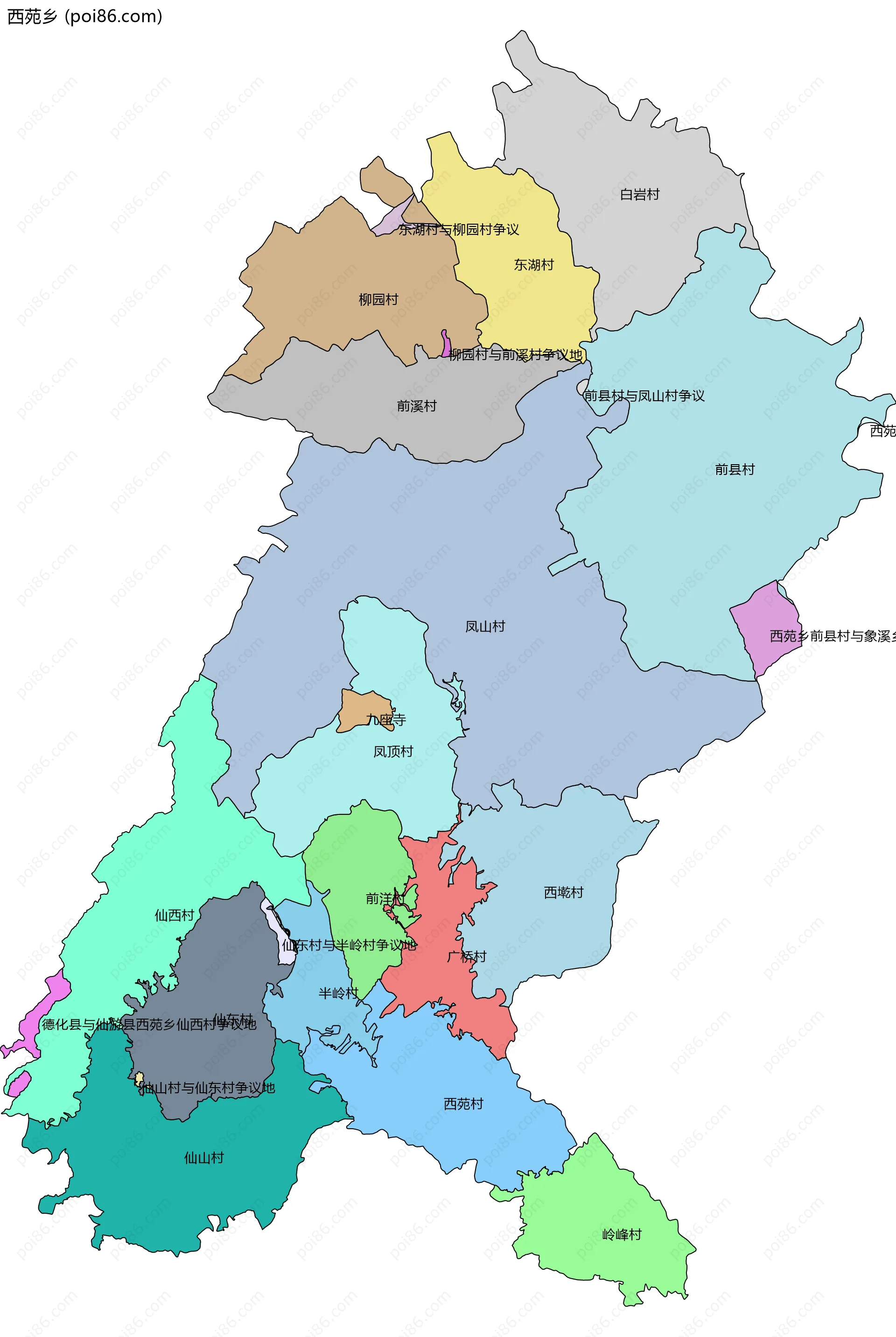 西苑乡边界地图(五级行政区划)